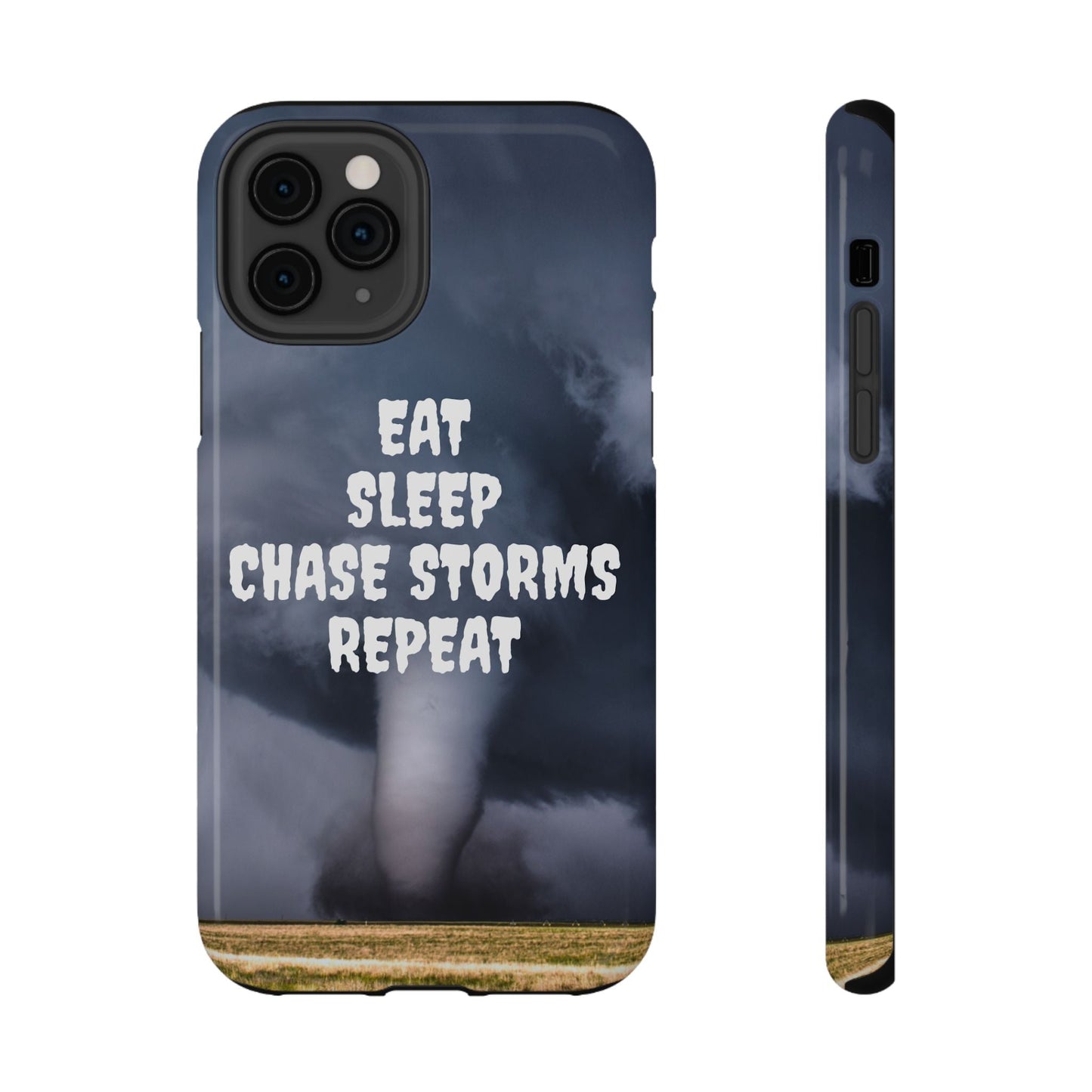 Impact-resistant phone case with "Eat Sleep Chase Storms Repeat" design, featuring durable dual-layer polycarbonate and TPU, glossy or matte finish, supports wireless charging.