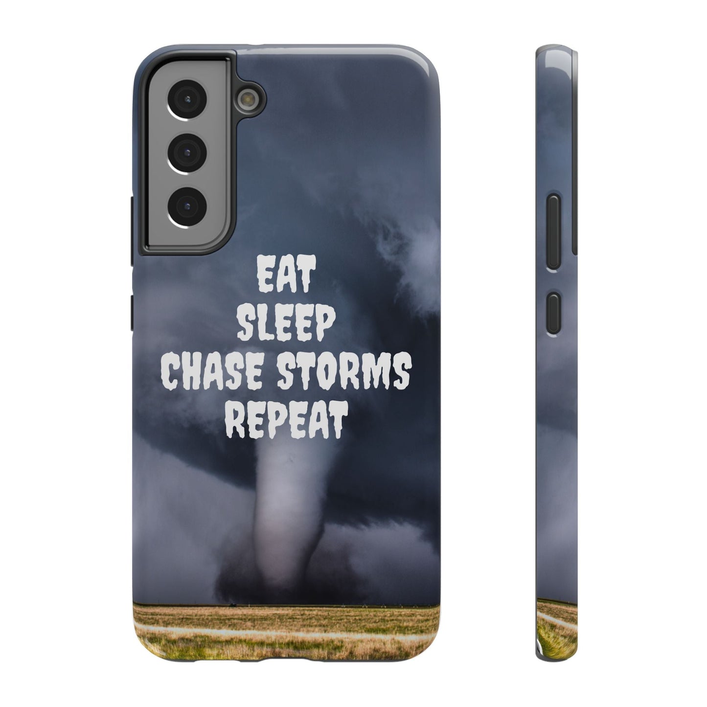 Impact-resistant phone case with "Eat Sleep Chase Storms Repeat" design, ideal for storm chasers and weather enthusiasts, offering durablility and wireless charging support.