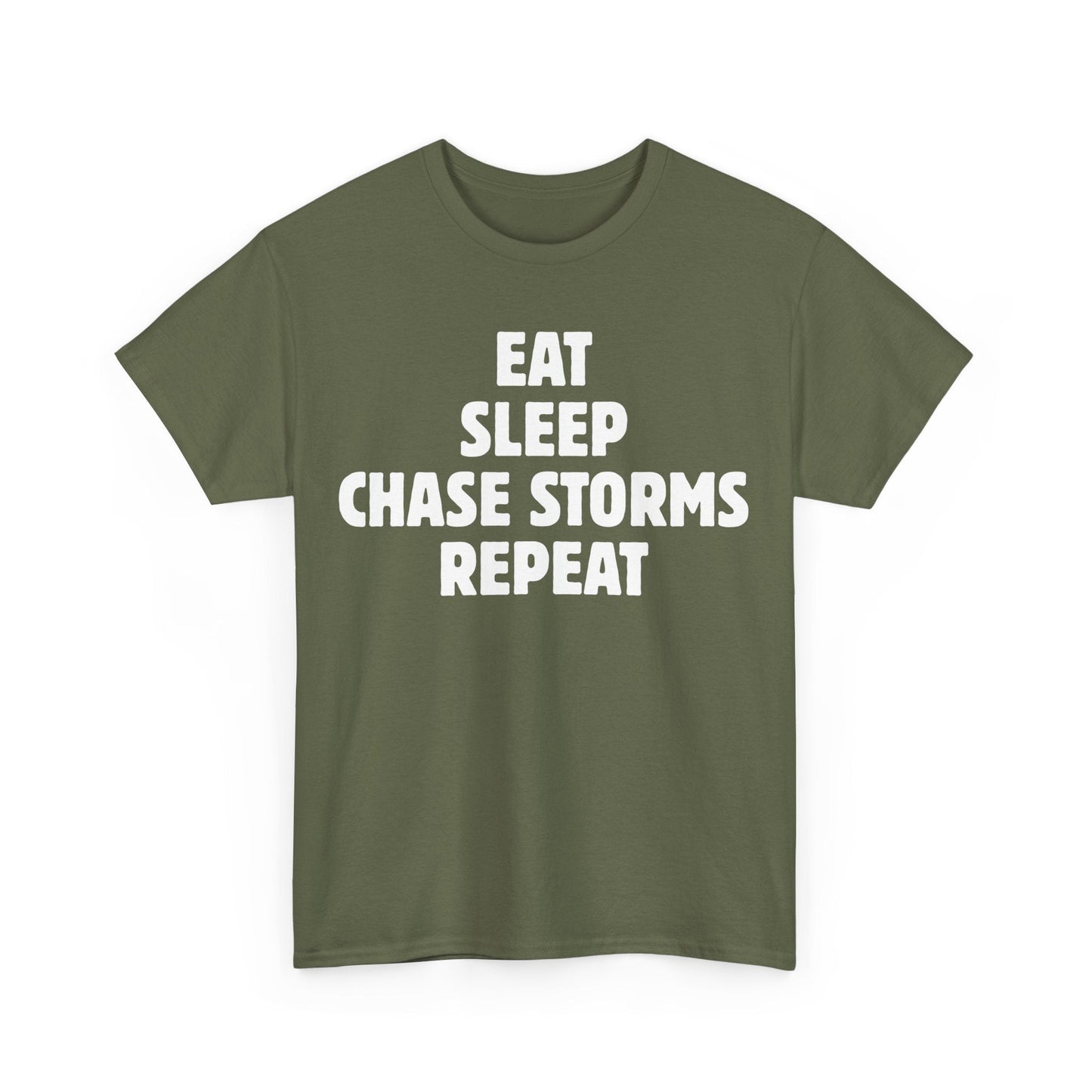Storm Chaser T-Shirt with "Eat Sleep Chase Storms Repeat" text in green, ideal for weather enthusiasts.