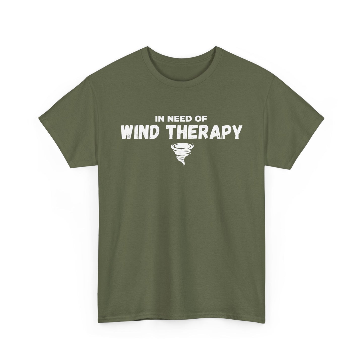 Storm Custom Chaser T-Shirt with "In Need of Wind Therapy" quote, ideal for weather enthusiasts.