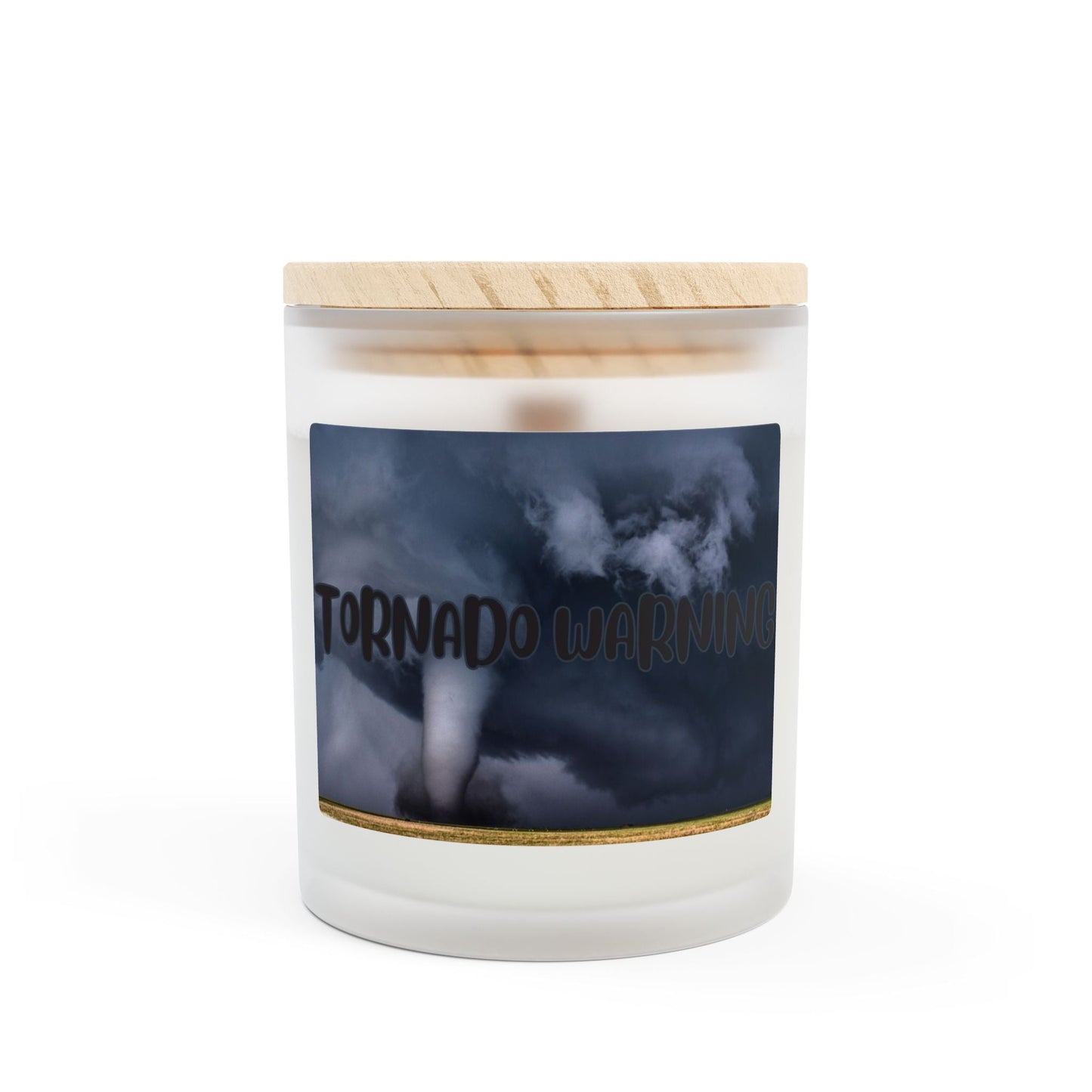 Frosted Glass Candle with Tornado Warning design, wooden lid, nature-inspired decor.