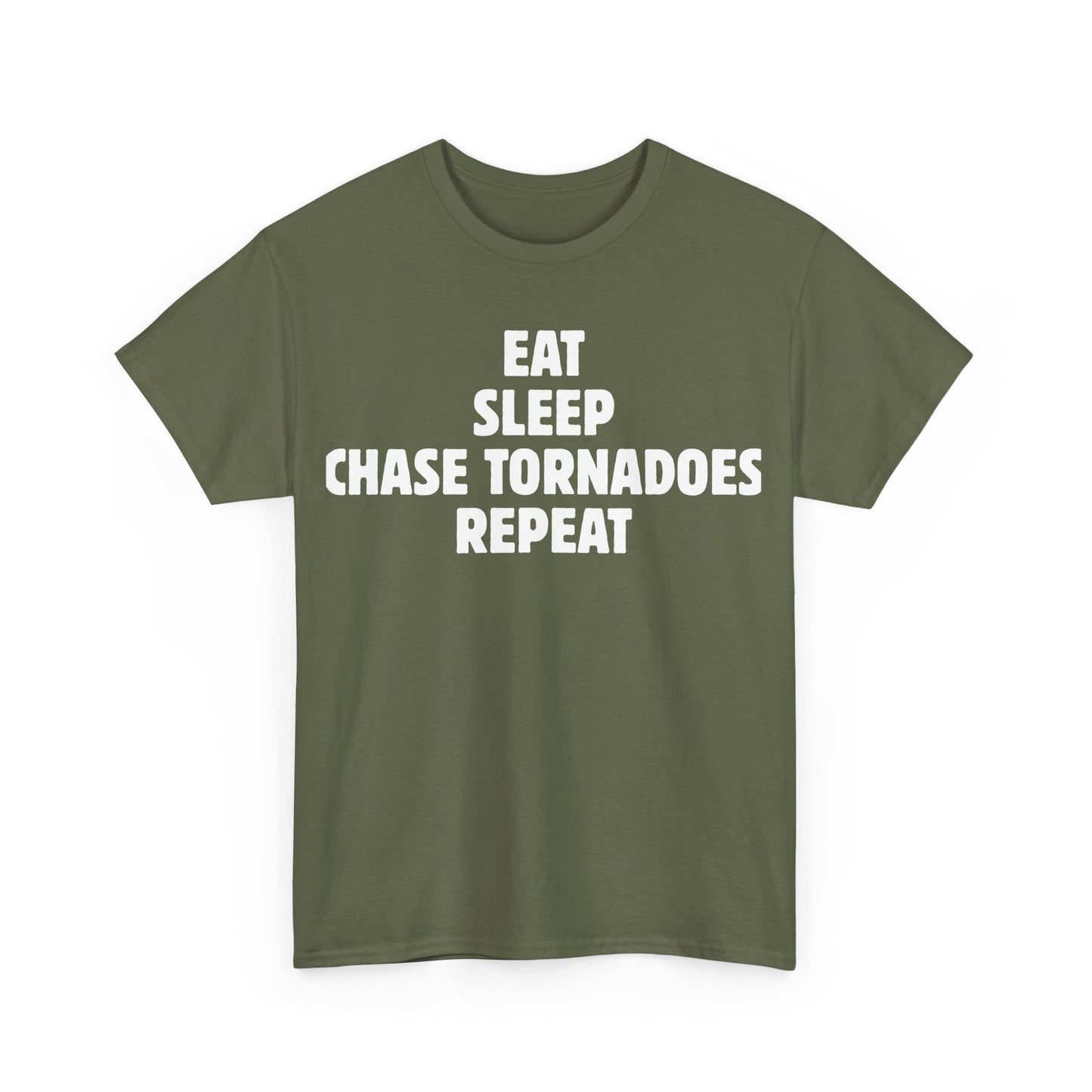 Storm Chaser T-Shirt featuring "Eat Sleep Chase Tornadoes Repeat" design, ideal for weather enthusiasts.