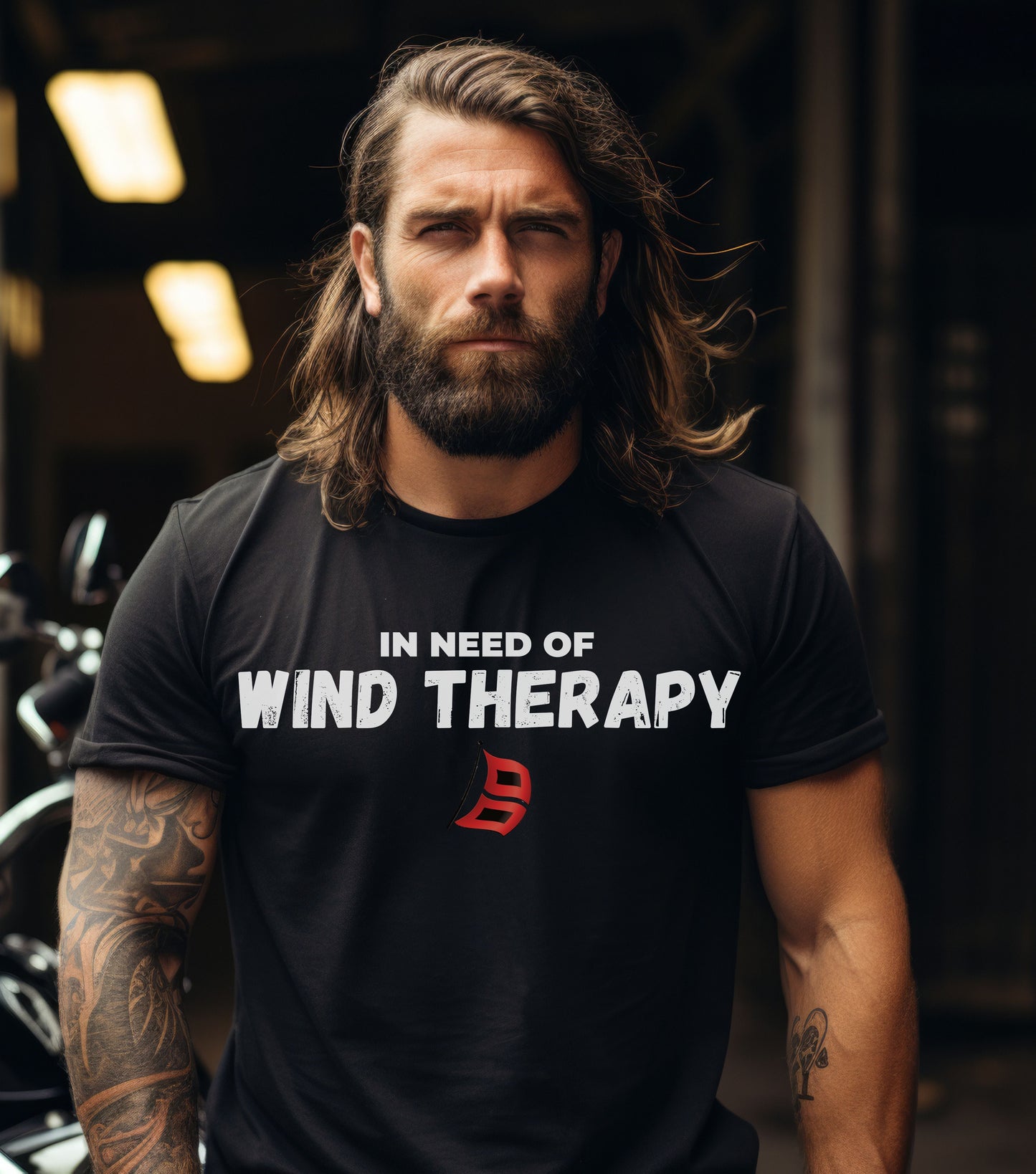 Storm Chaser Custom T-Shirt with "In Need of Wind Therapy" design worn by a bearded man.