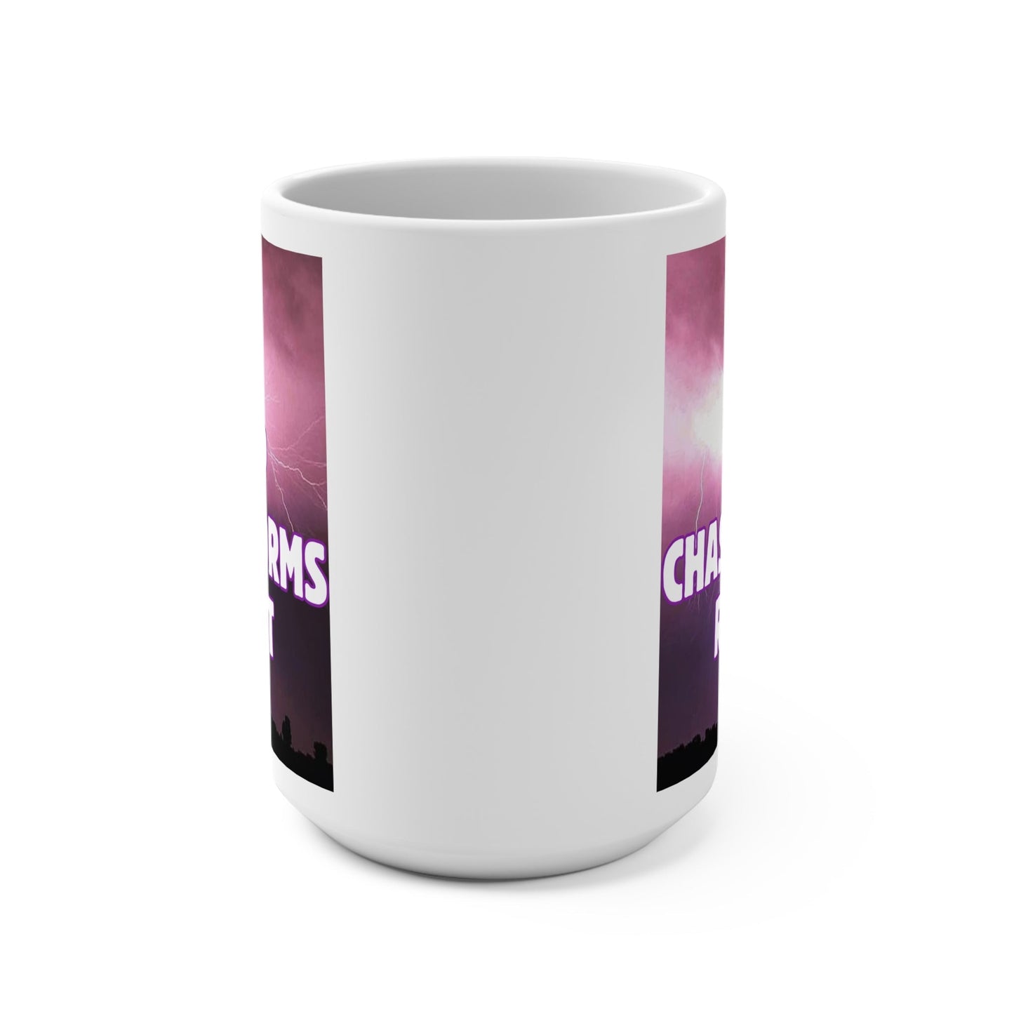 15oz Storm Chaser Coffee Mug with "Eat Sleep Chase Storms Repeat" quote, perfect for meteorology enthusiasts.