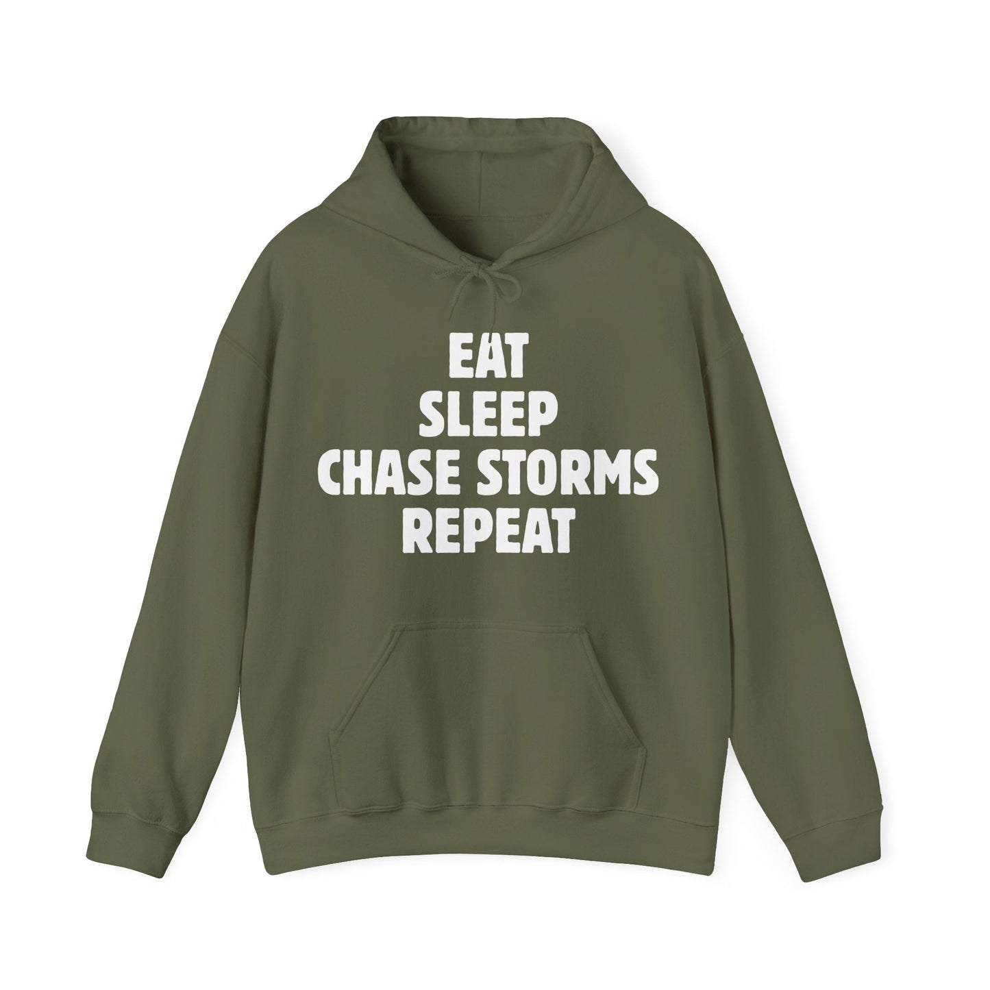 Green storm chaser hoodie with "Eat Sleep Chase Storms Repeat" text.
