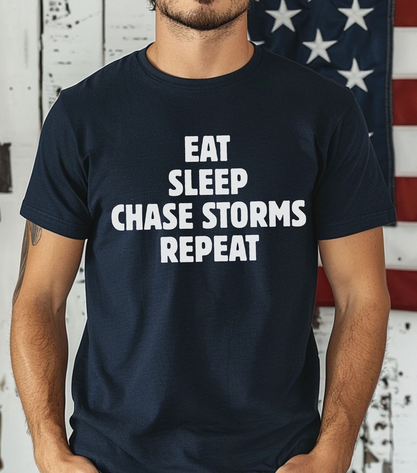 Storm Chaser T-Shirt featuring bold "Eat Sleep Chase Storms Repeat" design, ideal for weather enthusiasts and adventure seekers.