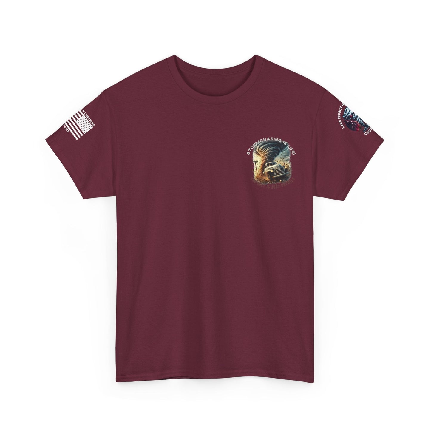 Burgundy Stormchasing T-Shirt with "Storm Chasing Is Life" design, ideal for custom T-shirt enthusiasts.