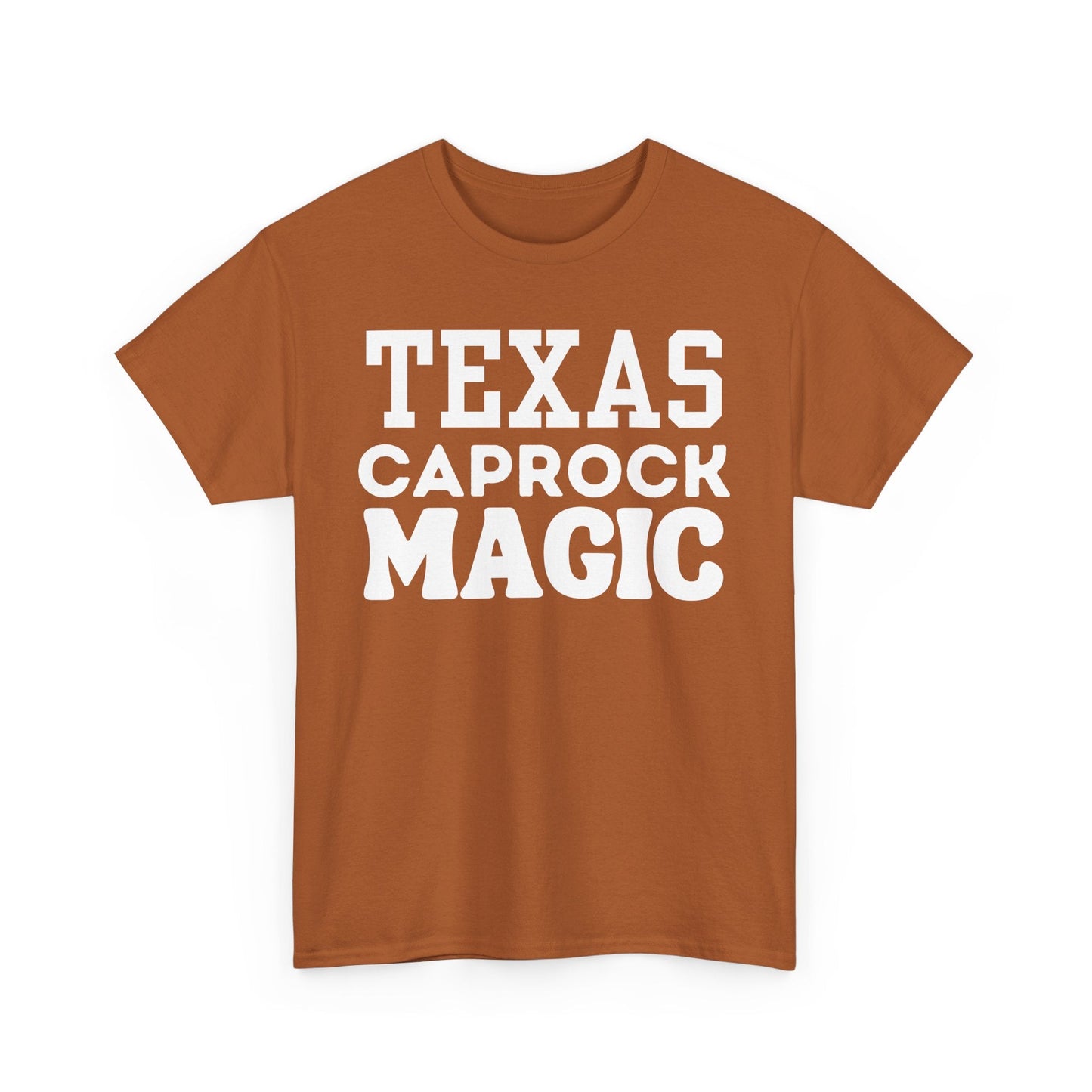 Texas Orange Storm Chaser T-Shirt with "Texas Caprock Magic" text.