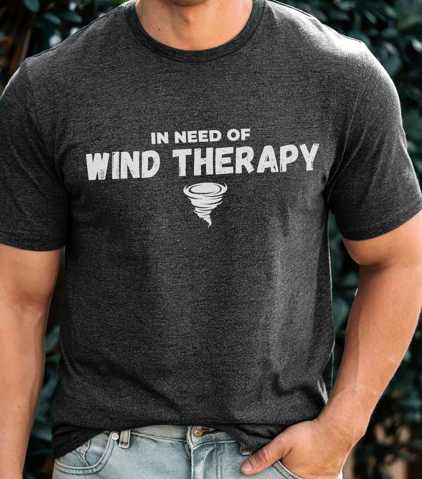 Storm Chaser T-Shirt with "In Need of Wind Therapy" text, ideal for meteorologists and weather enthusiasts.