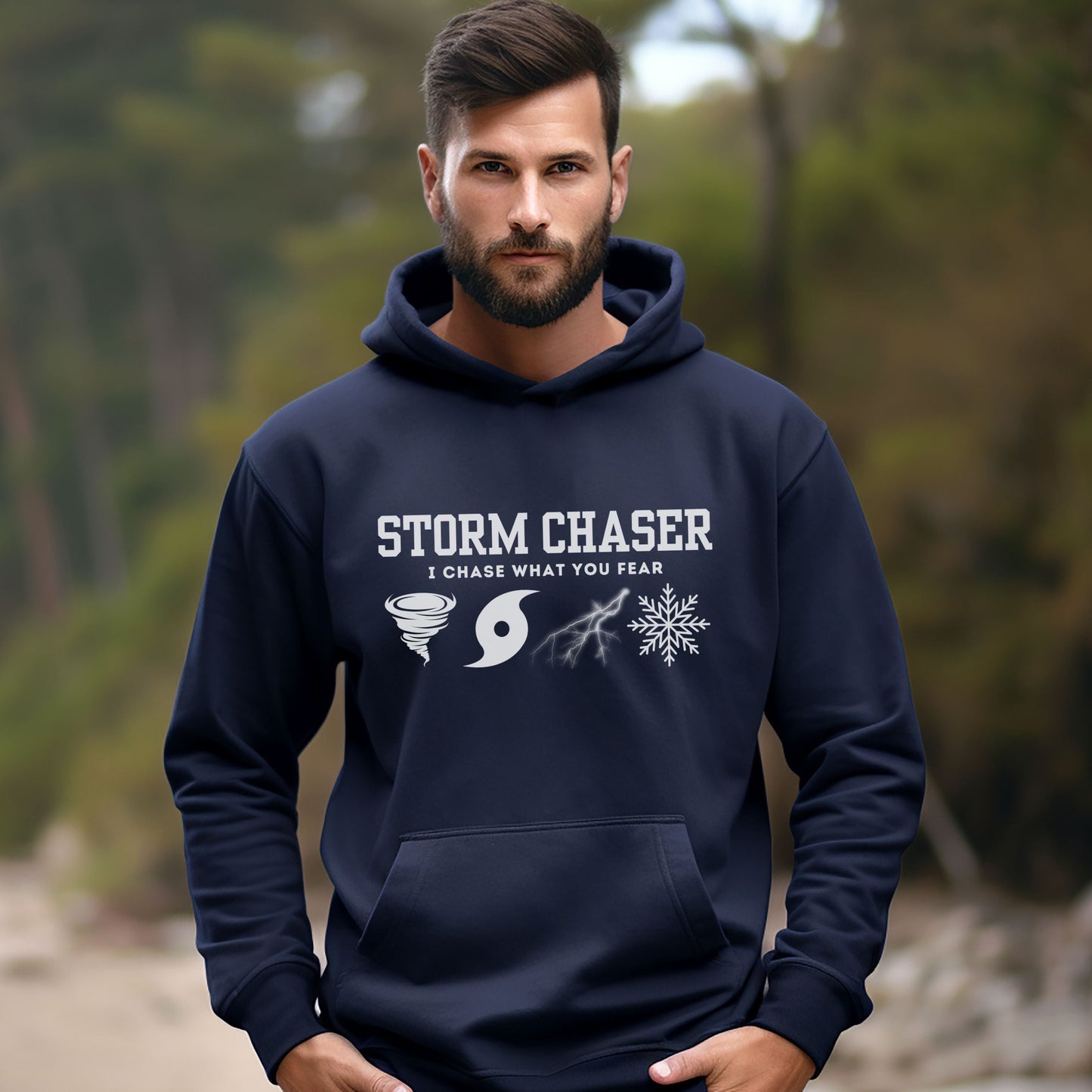 Storm Chaser hooded sweatshirt with "I Chase What You Fear" design, perfect for weather enthusiasts and stormchasers.
