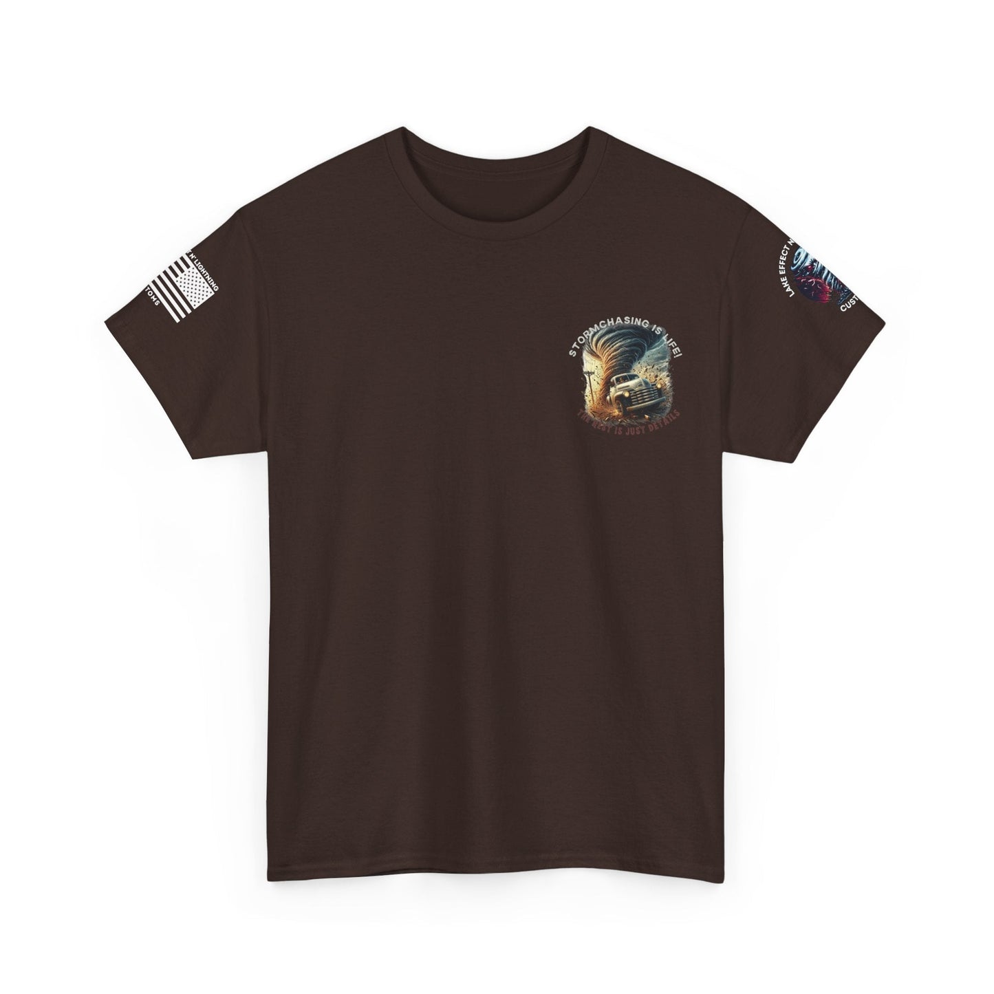 Men's brown Stormchasing T-shirt with "Storm Chasing Is Life" print, ideal for weather enthusiasts, 100% cotton.