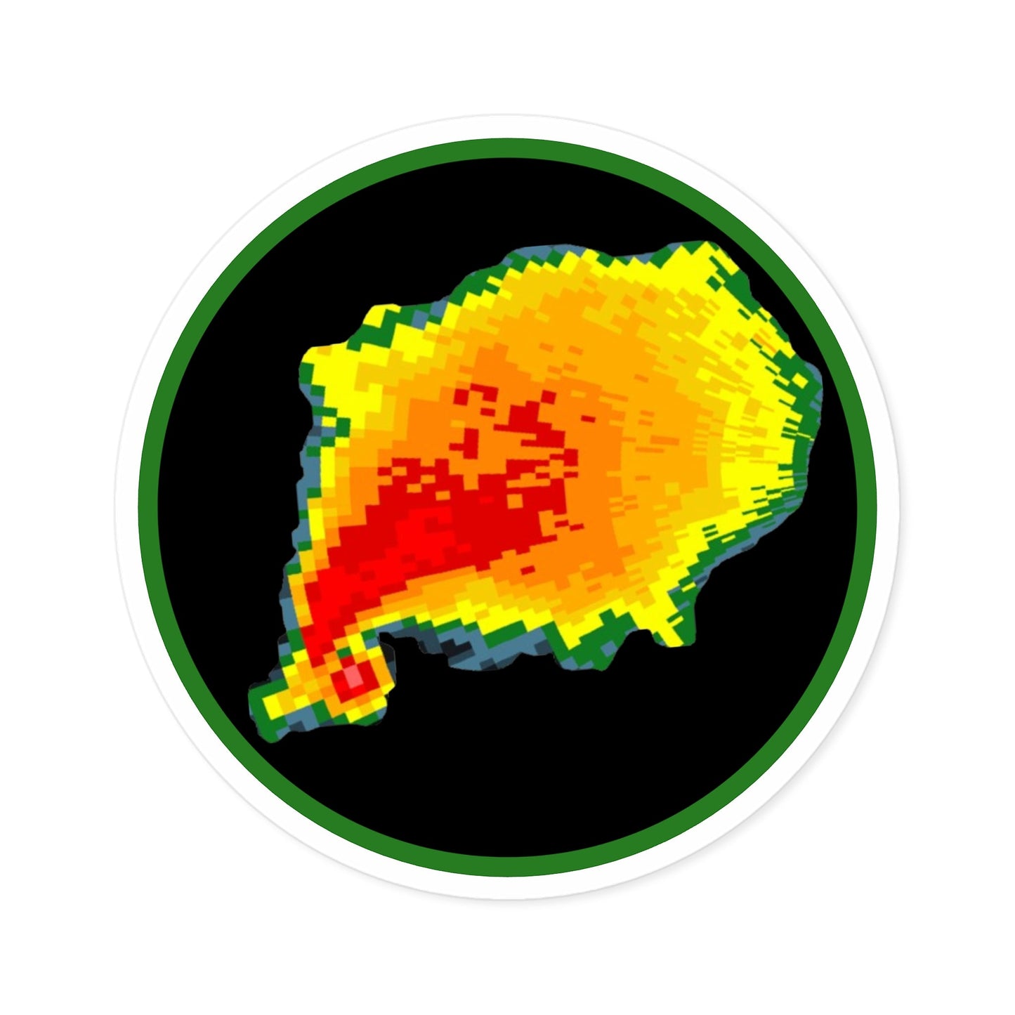 Radar reflectivity sticker featuring tornado hook echo design with vibrant colors, ideal for storm chasers and weather enthusiasts.