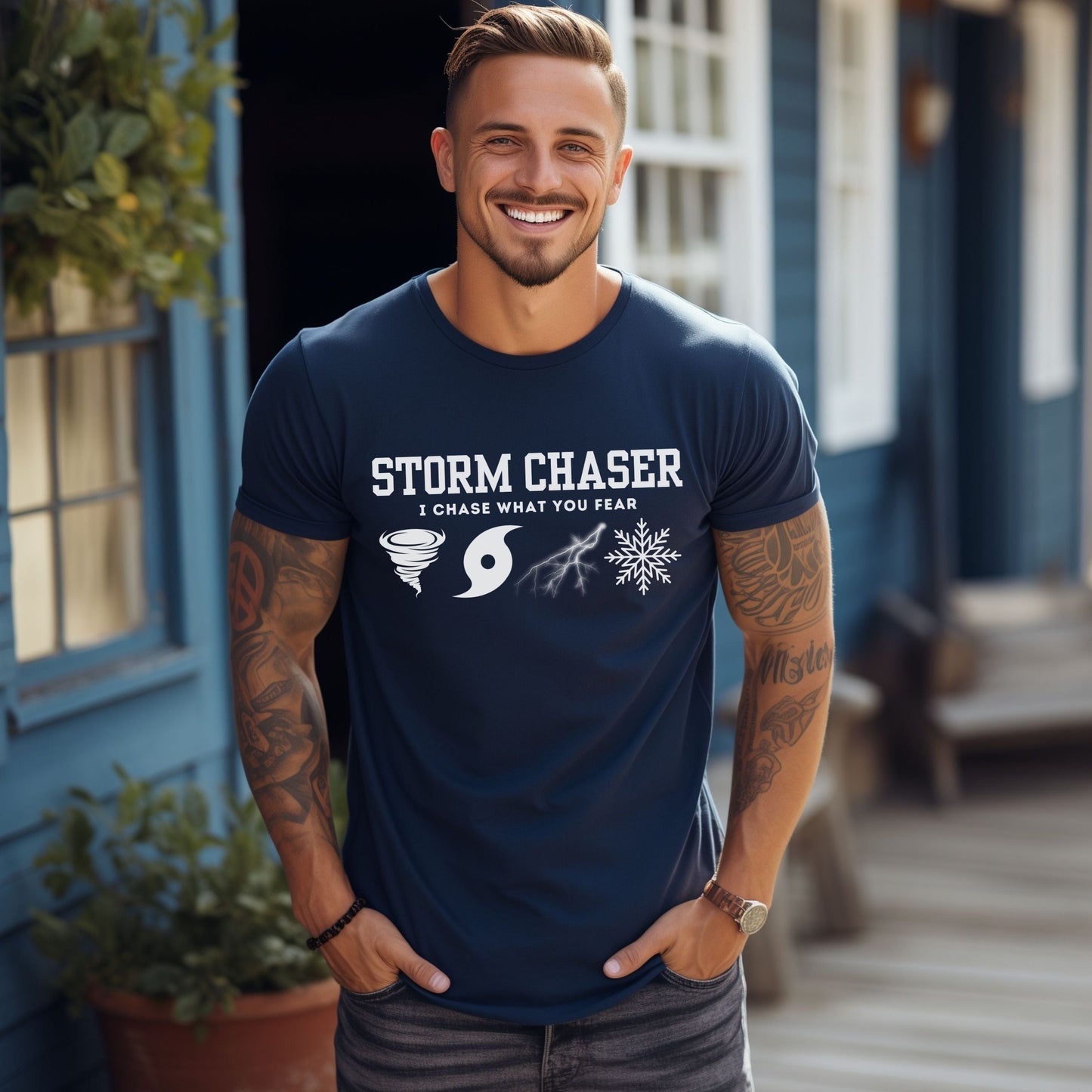 Storm Chaser Custom T-Shirt with "I Chase What You Fear" design, perfect for weather enthusiasts, in blue, worn by a smiling person standing outdoors.