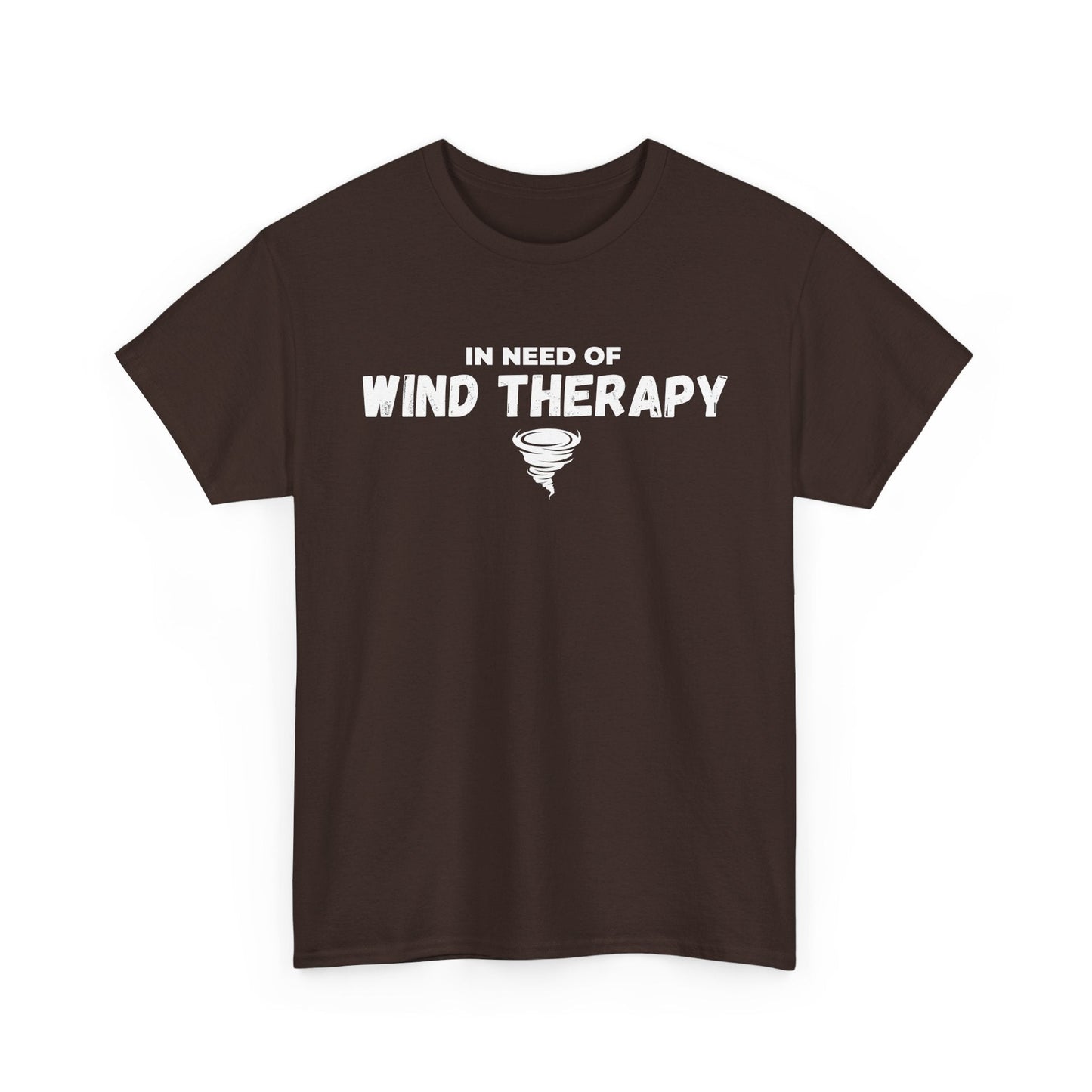 Storm Chaser T-Shirt with "In Need of Wind Therapy" text, ideal for weather enthusiasts.