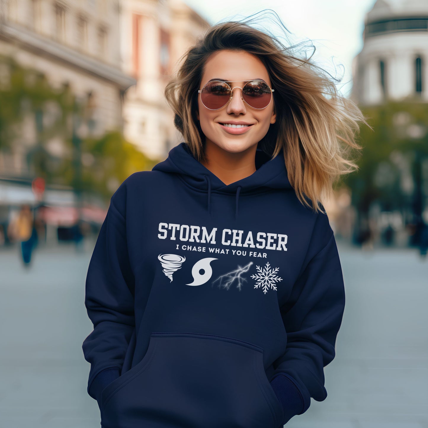 Storm Chaser Hooded Sweatshirt with "I Chase What You Fear" design, ideal for weather enthusiasts.