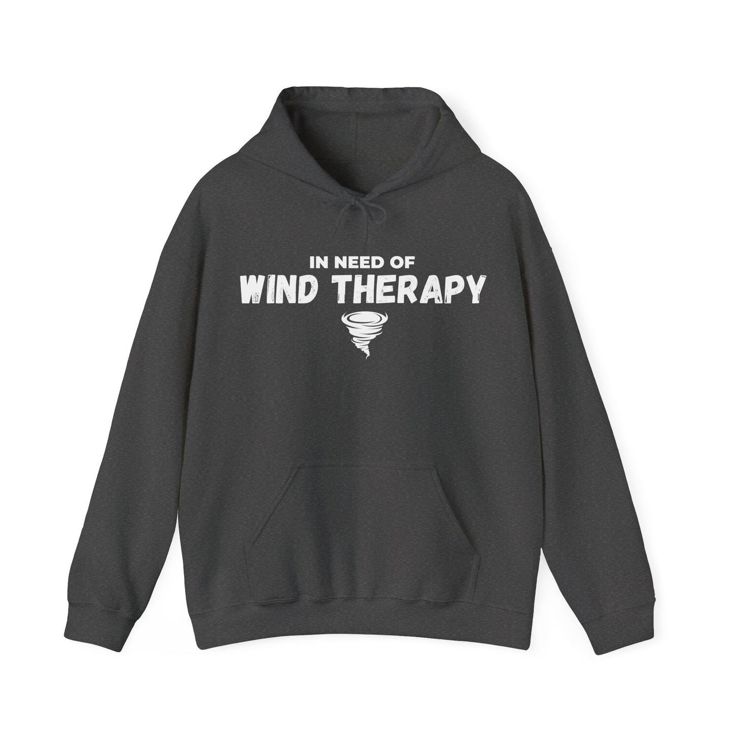 Storm Chaser Hooded Sweatshirt with "In Need of Wind Therapy" quote, ideal for weather enthusiasts.