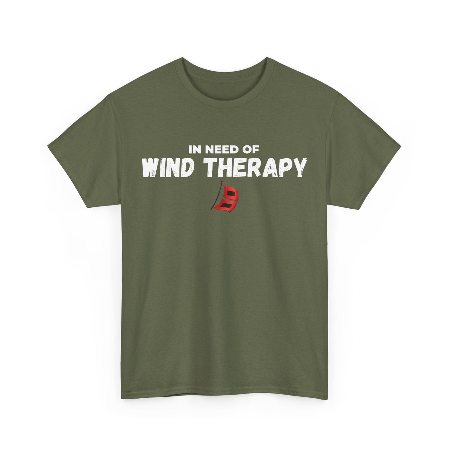 Storm Chaser Custom T-Shirt with "In Need of Wind Therapy" print on an olive green fabric.