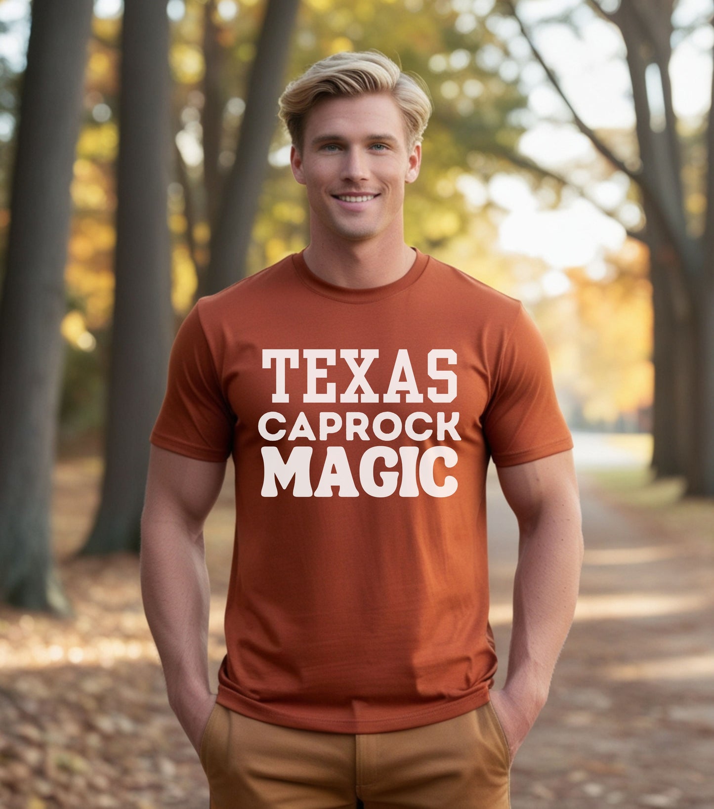 Texas Orange Storm Chaser T-Shirt with "Texas Caprock Magic" print, ideal for weather enthusiasts.