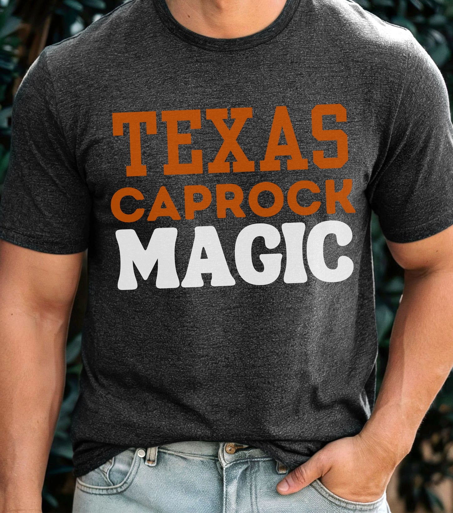 Storm chaser t-shirt with "Texas Caprock Magic" design in bold text.