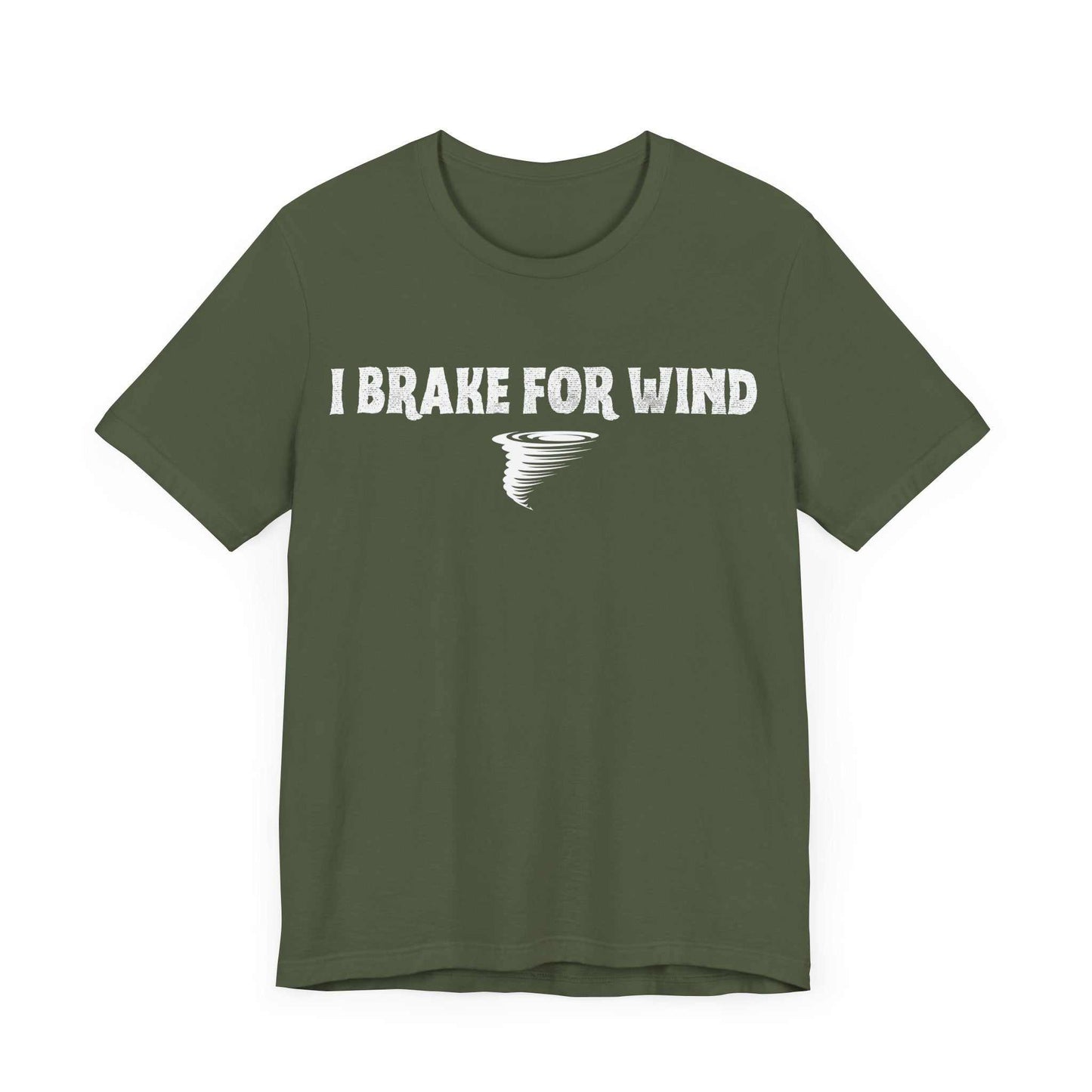Storm Chaser T-Shirt with "I Brake For Wind" text and tornado graphic in green.