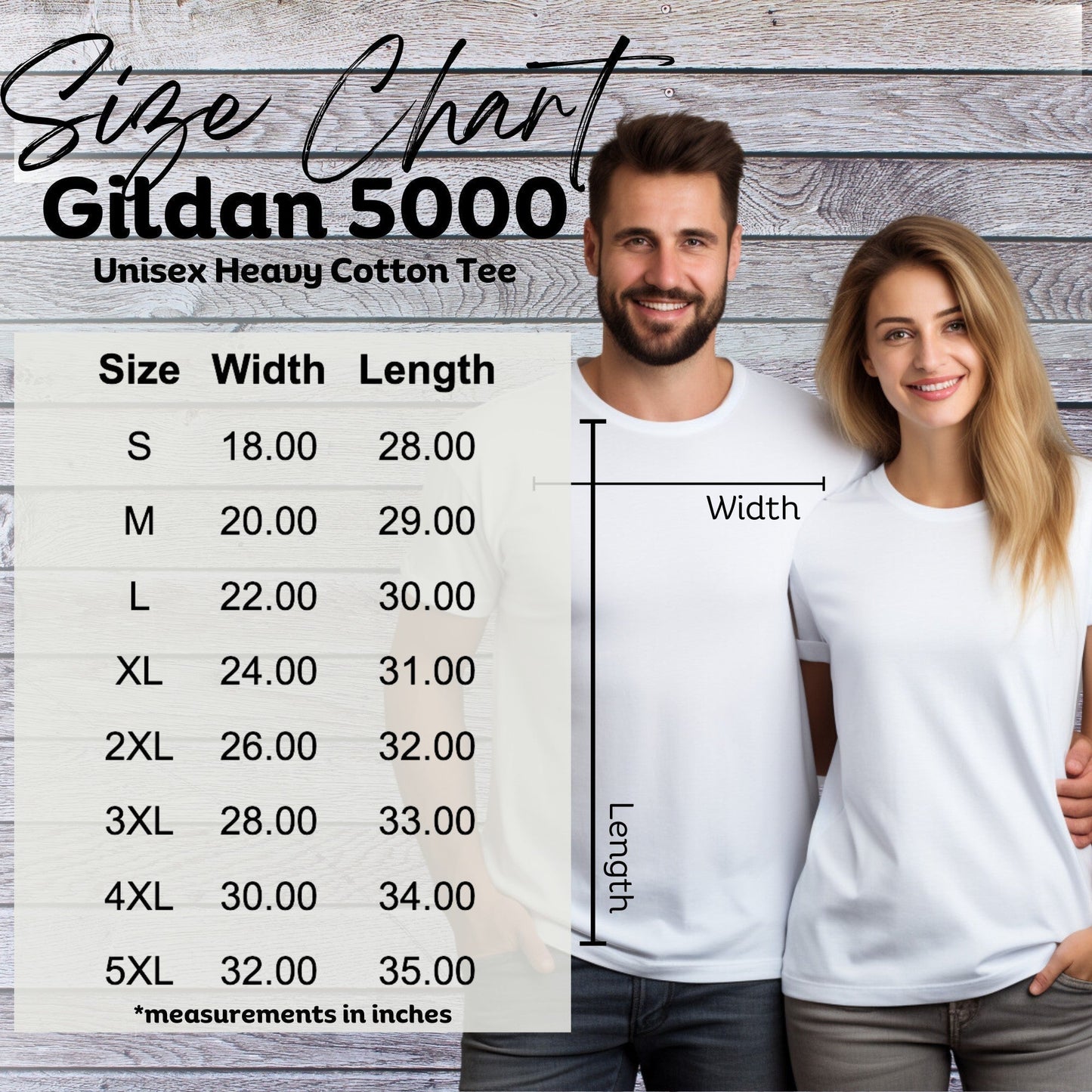 Storm Chaser T-Shirt size chart featuring measurements for Gildan 5000 unisex heavy cotton tee.