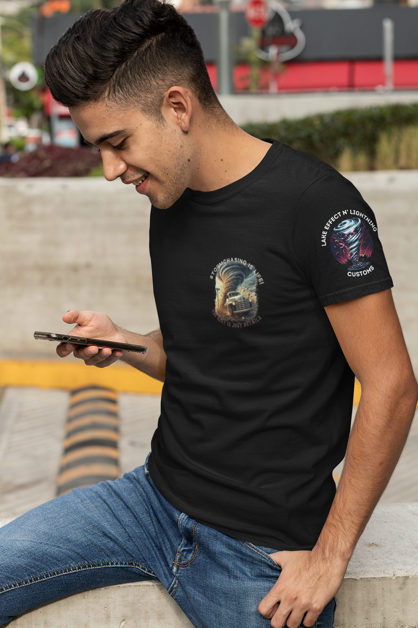 Stormchasing T-shirt with "Storm Chasing Is Life" quote, perfect for weather enthusiasts, custom T-shirt design.