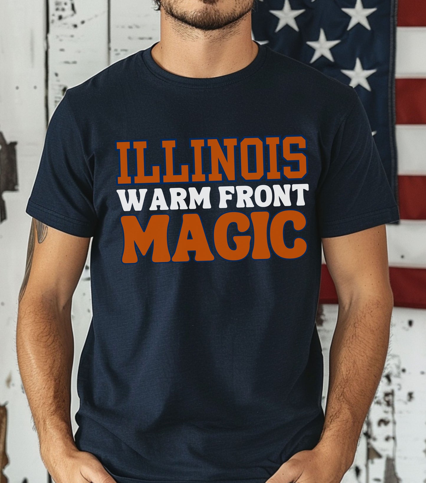 Storm Chaser T-Shirt featuring "Illinois Warm Front Magic" design for weather enthusiasts.