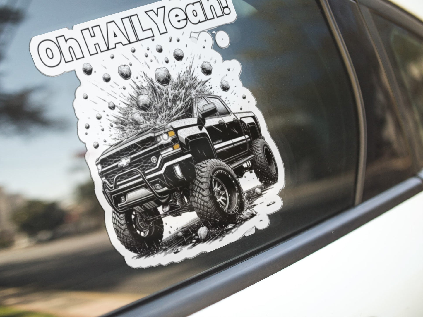 custom die cut stickers for storm chasers with "Oh HAIL Yeah" on a vehicle window.