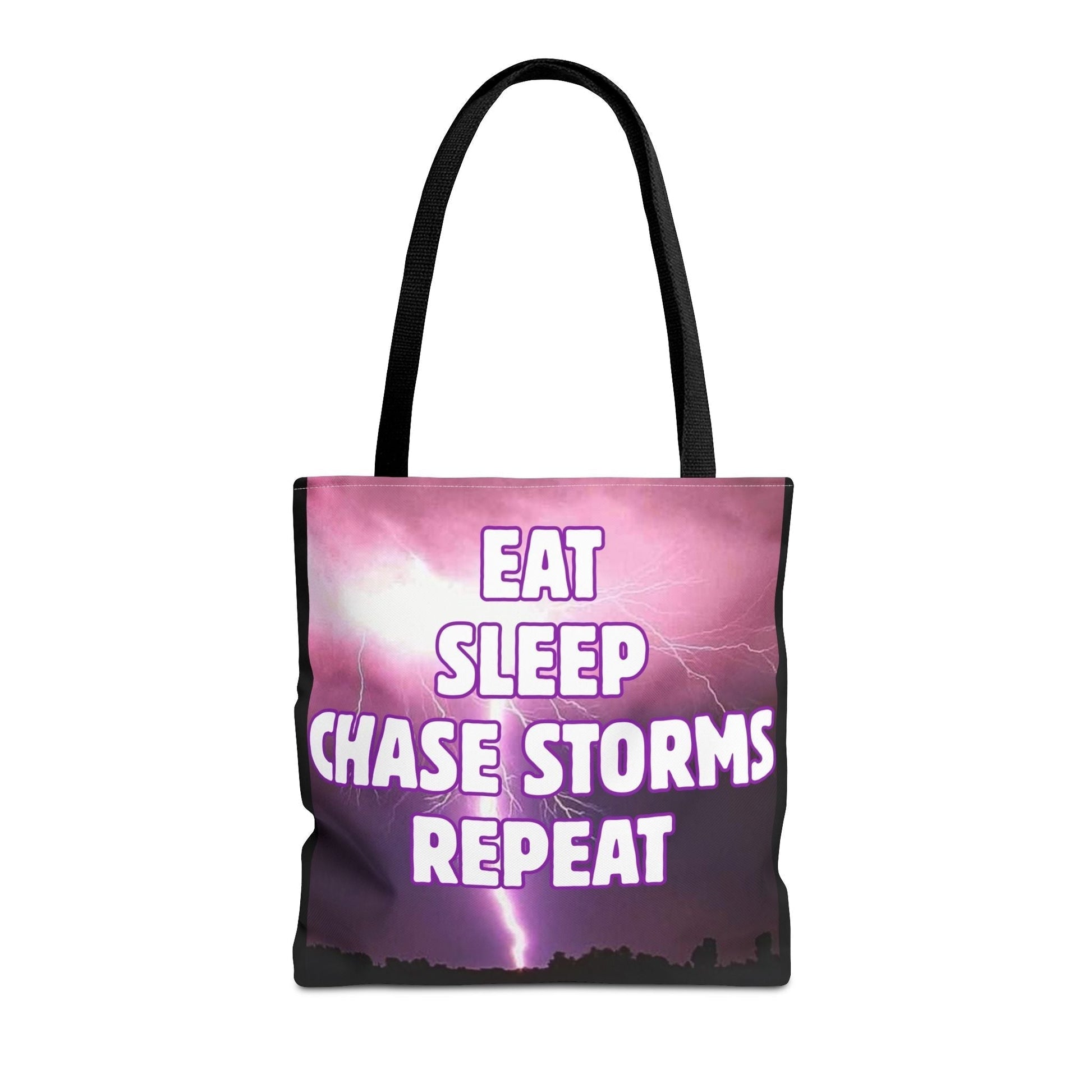 Storm Chaser Tote Bag with "Eat Sleep Chase Storms Repeat" design, durable polyester fabric.