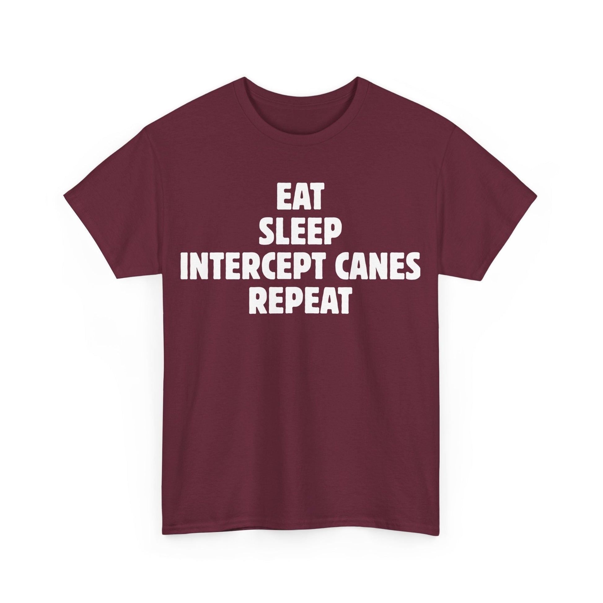 Storm Chaser T-Shirt with "Eat Sleep Intercept Canes Repeat" design in maroon, ideal for weather enthusiasts and meteorology students.