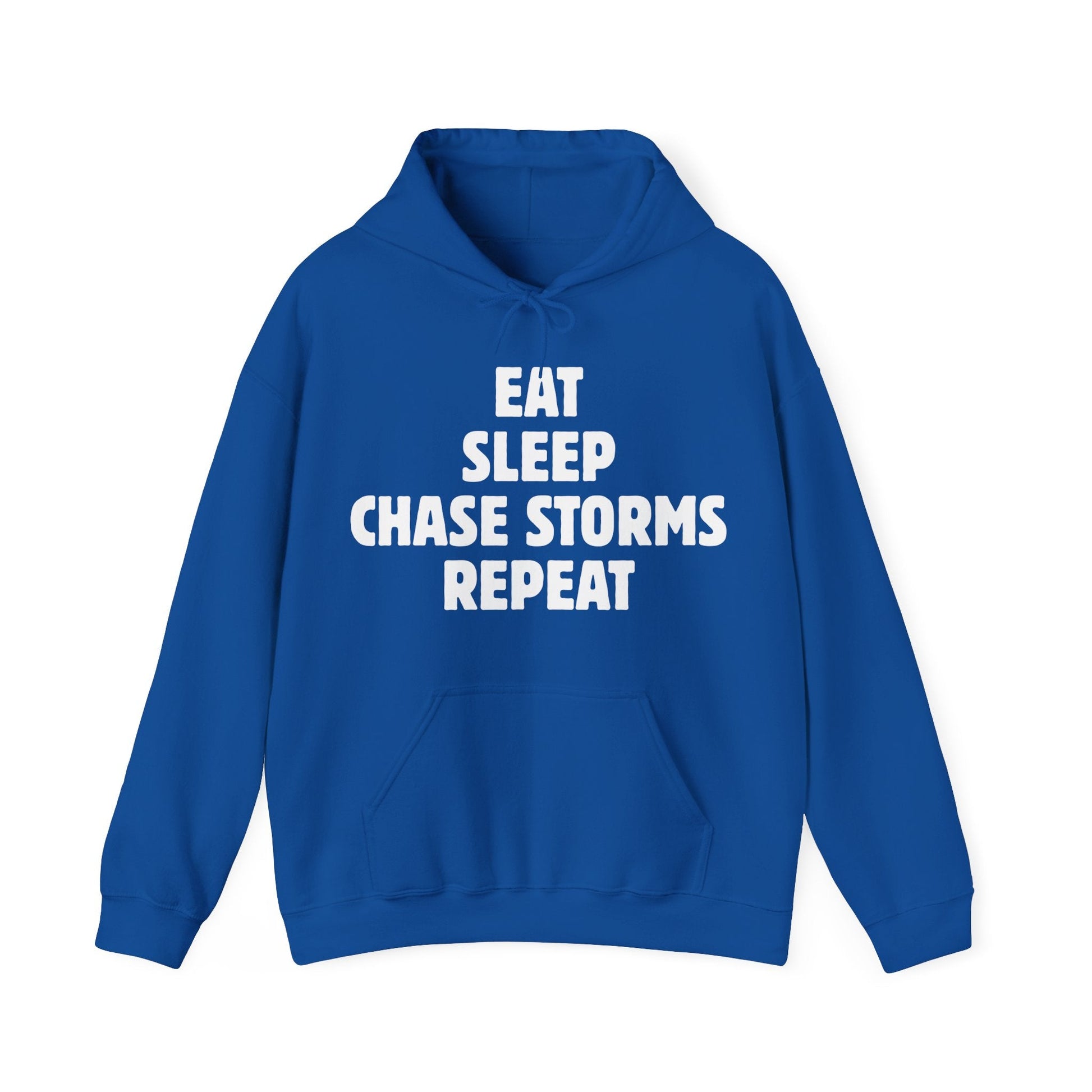 Storm Chaser Hoodie with "Eat Sleep Chase Storms Repeat" quote in blue for weather enthusiasts.