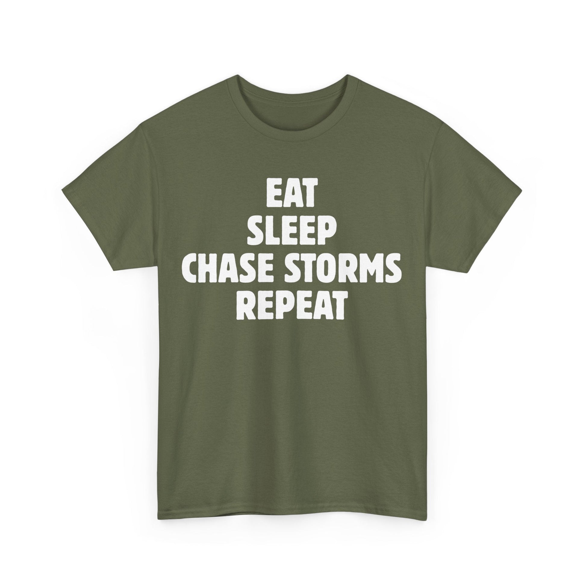 Storm Chaser T-Shirt with "Eat Sleep Chase Storms Repeat" text in green, ideal for weather enthusiasts.