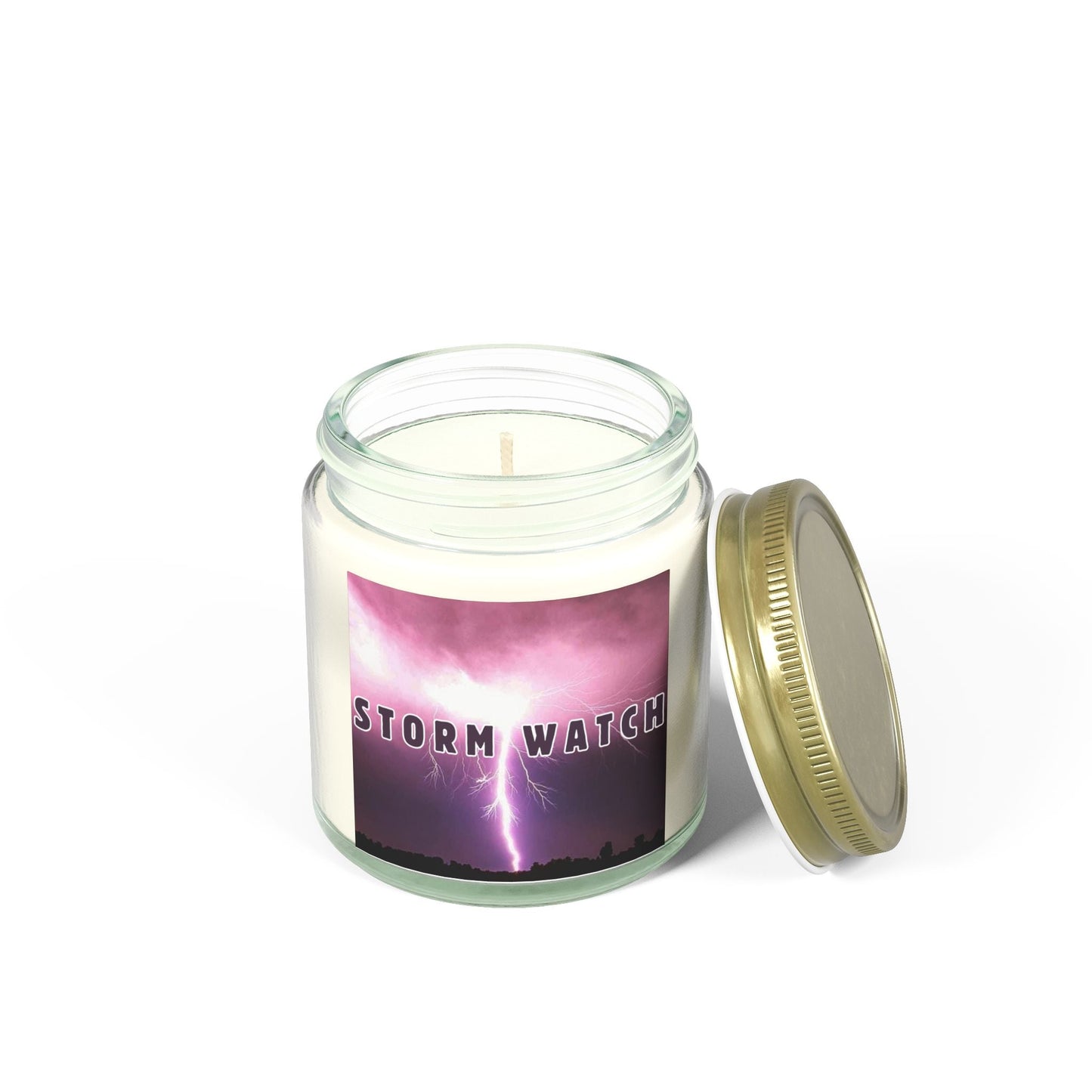 Storm Watch scented candle in glass jar with lid, featuring thunderstorm label, 4oz.