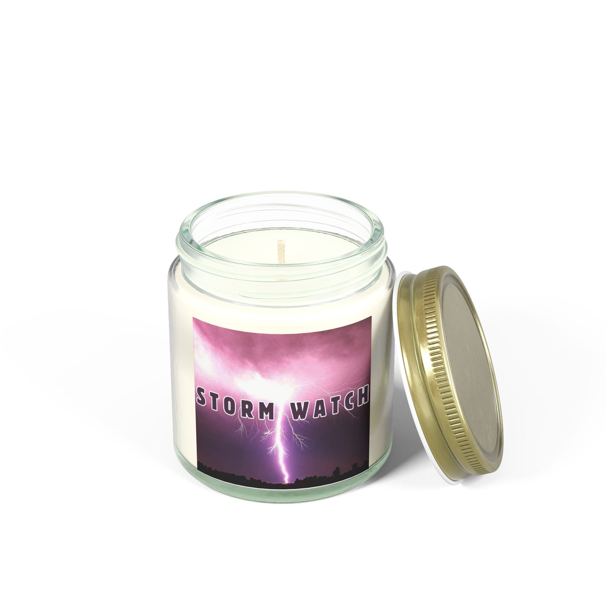 Storm Watch scented candle in glass jar with lid, featuring thunderstorm label, 4oz.