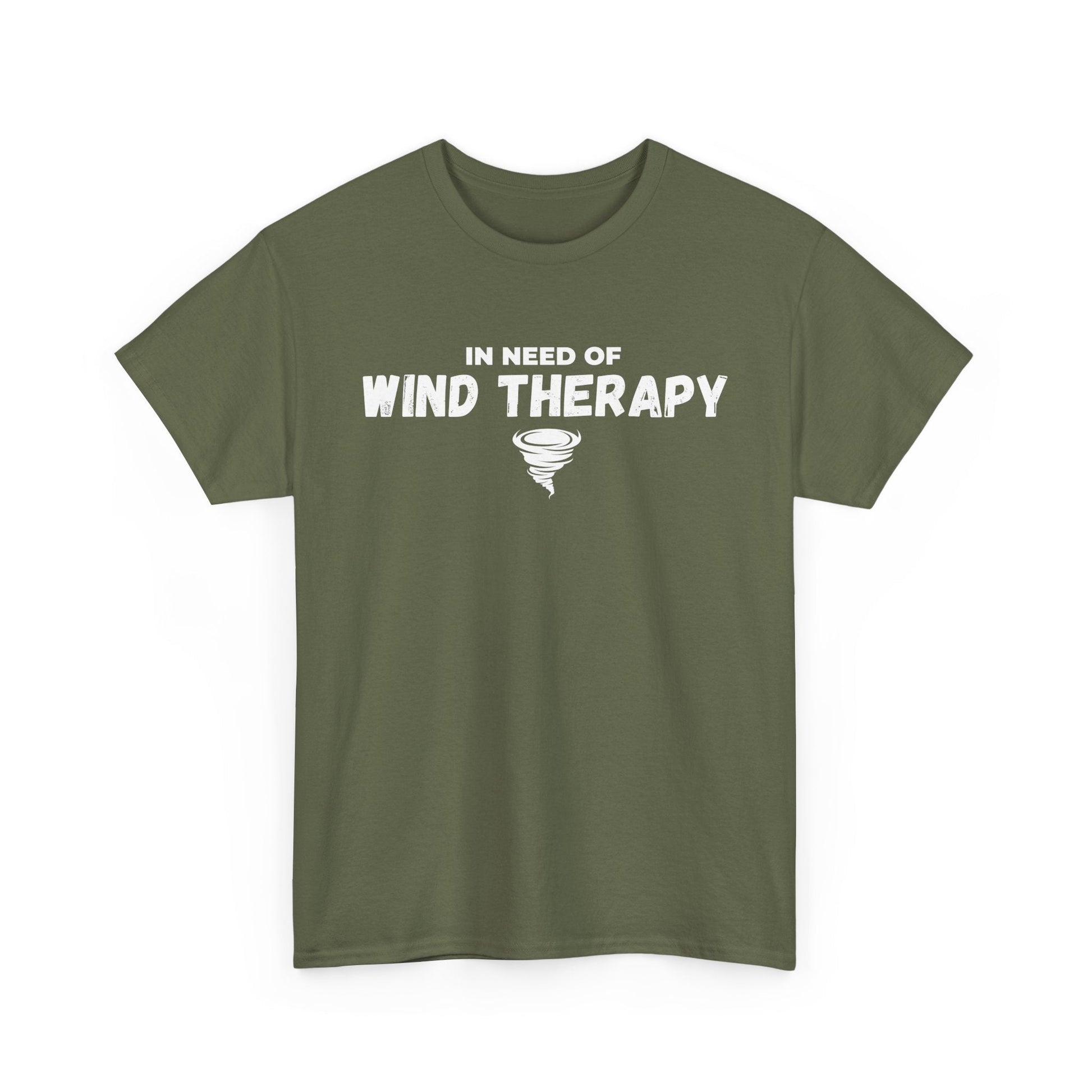 Storm Custom Chaser T-Shirt with "In Need of Wind Therapy" quote, ideal for weather enthusiasts.