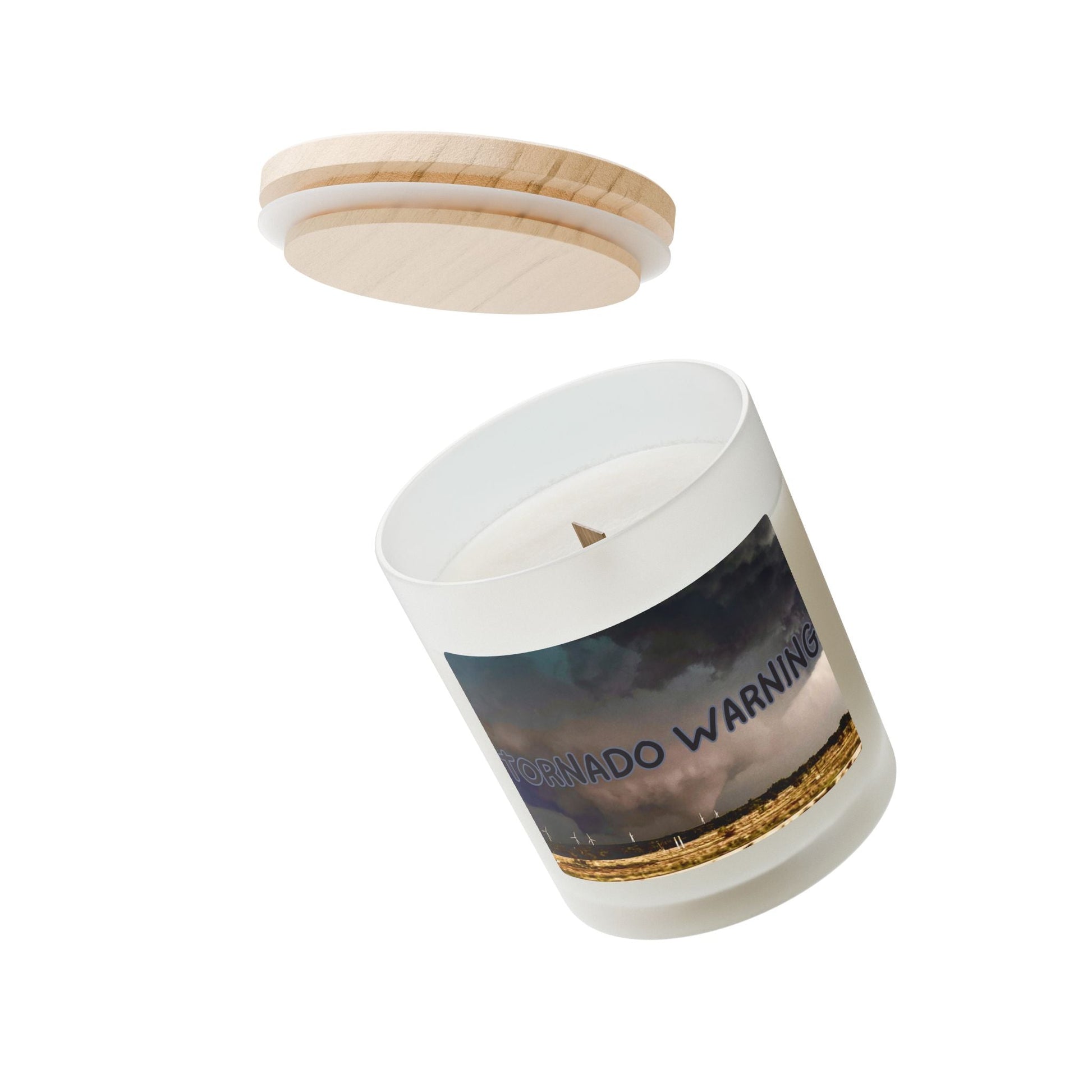 Frosted glass candle with tornado warning design and wooden lid.