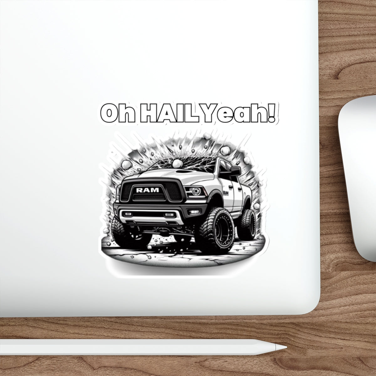 Storm Chaser Die-Cut Sticker featuring "Oh HAIL Yeah" design on laptop.