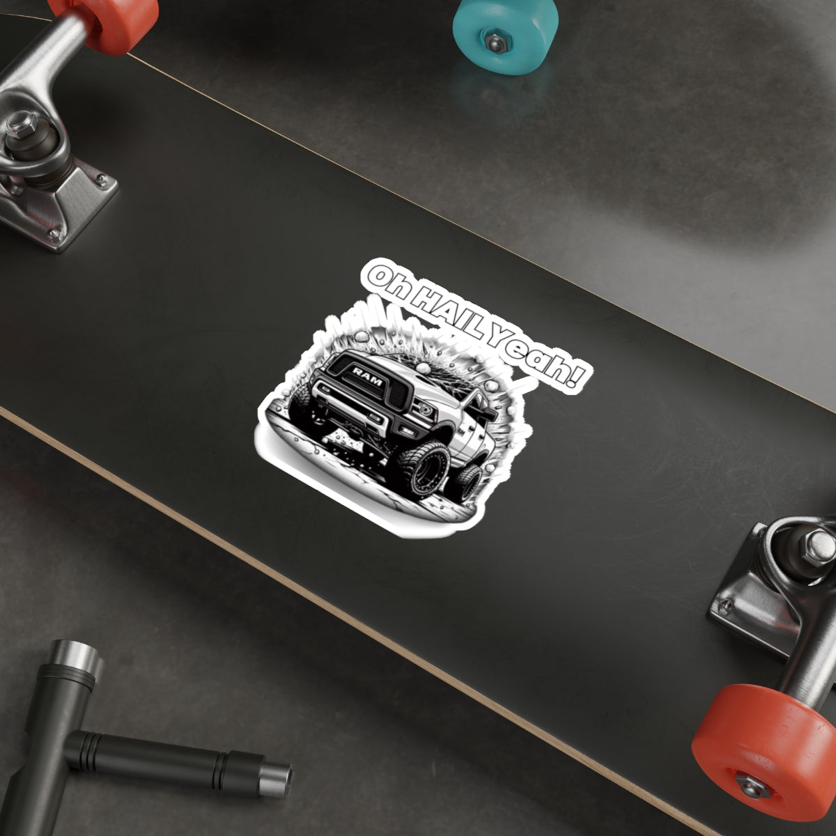 Storm Chaser Die-Cut Sticker "Oh HAIL Yeah" on a skateboard, perfect for storm enthusiasts, matte finish, UV protective.