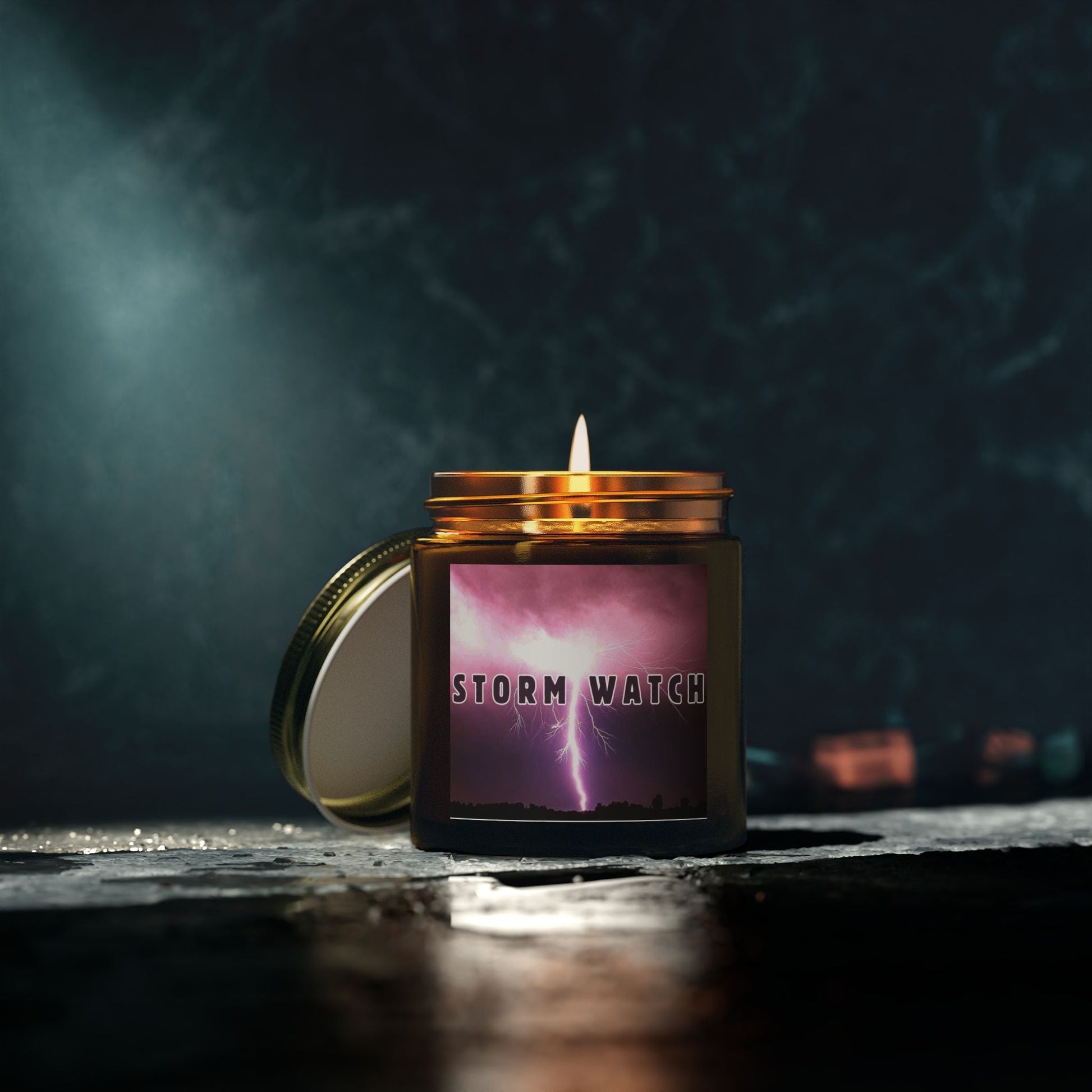 Storm Watch Scented Candle in glass jar, featuring aromatic blend of Fraser Fir and Cinnamon Chai, perfect for calming ambiance and home décor.