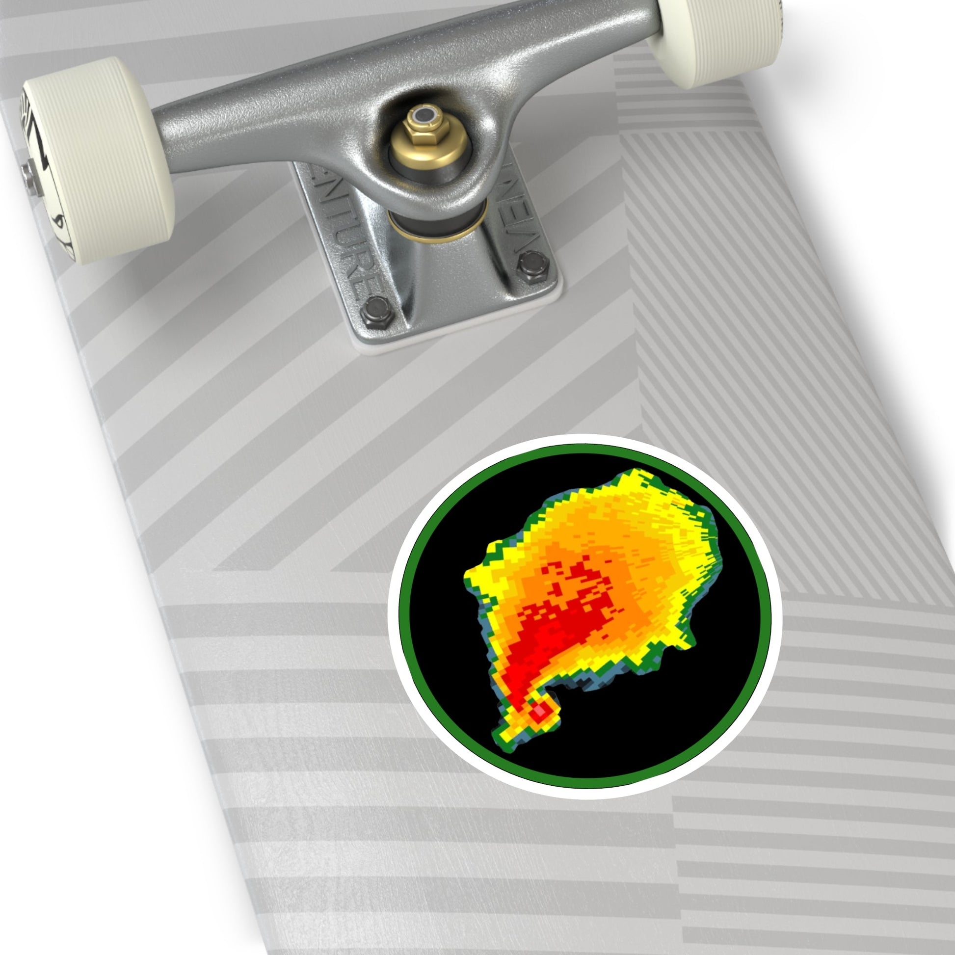 Vibrant radar reflectivity sticker featuring a tornado hook echo design on a skateboard.