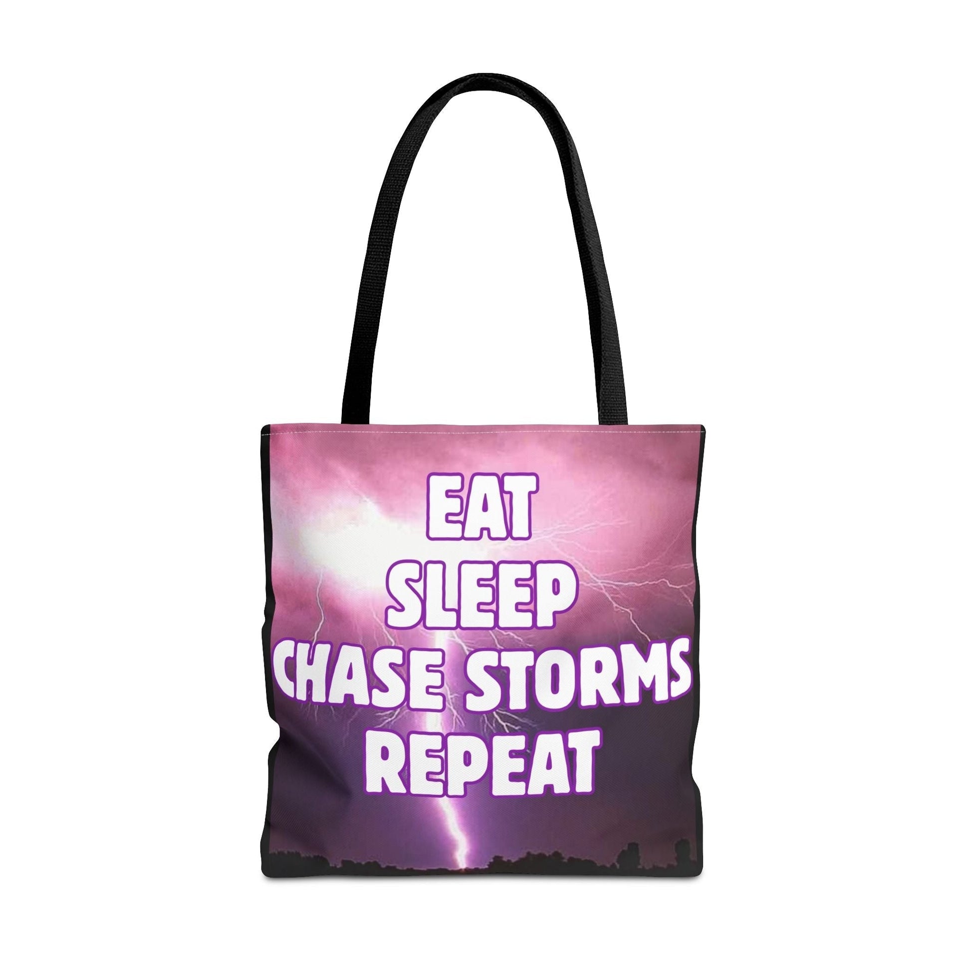 Storm Chaser Tote Bag with "Eat Sleep Chase Storms Repeat" design, durable polyester, reinforced handles.