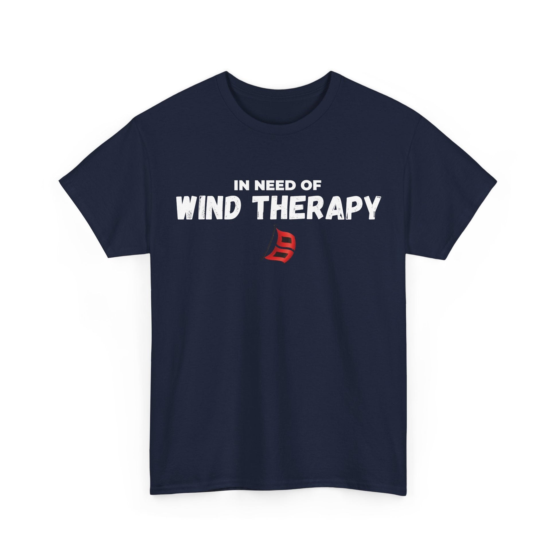 Storm Chaser Custom T-Shirt with 'In Need of Wind Therapy' slogan in navy blue.
