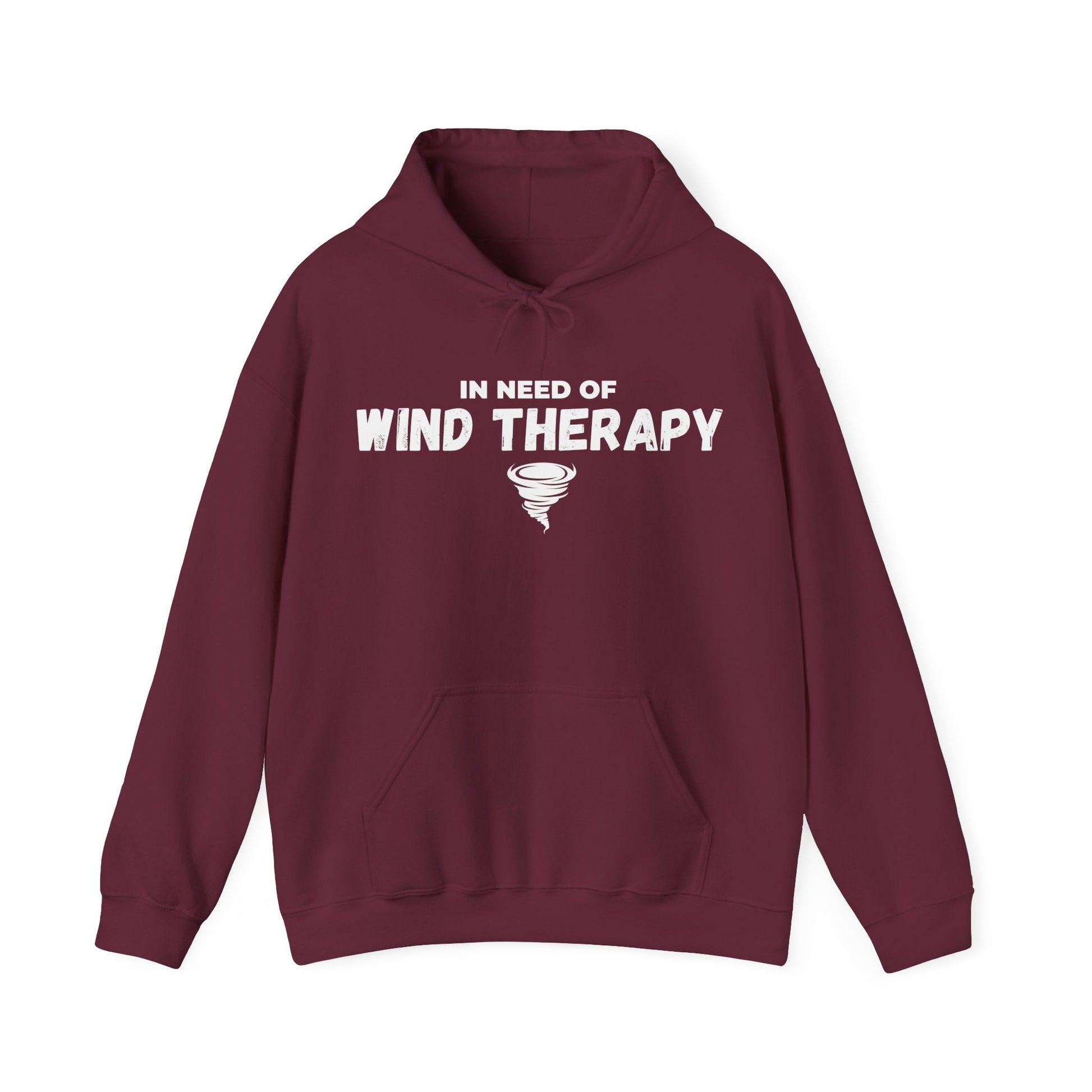 Storm Chaser Hooded Sweatshirt with "In Need of Wind Therapy" quote on burgundy fabric.