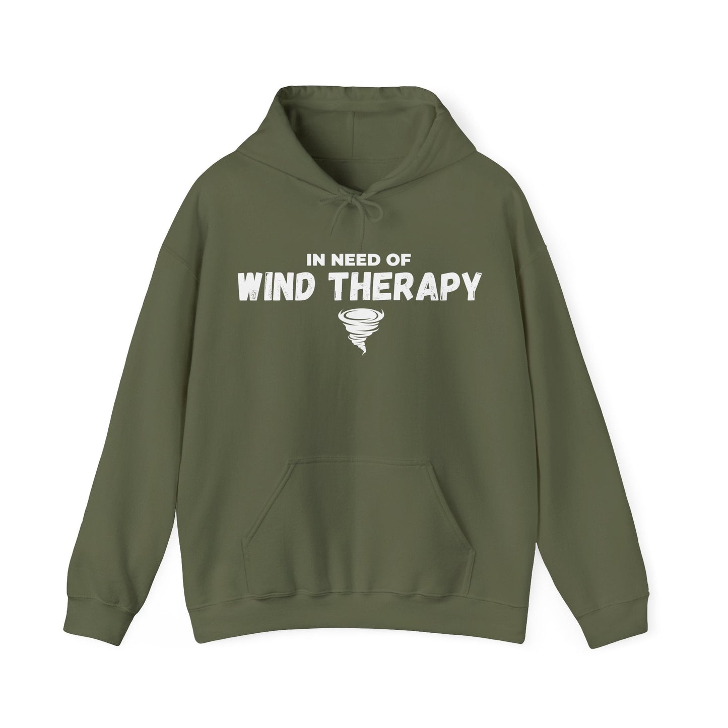 Storm Chaser Hooded Sweatshirt with "In Need of Wind Therapy" design, perfect for storm enthusiasts.
