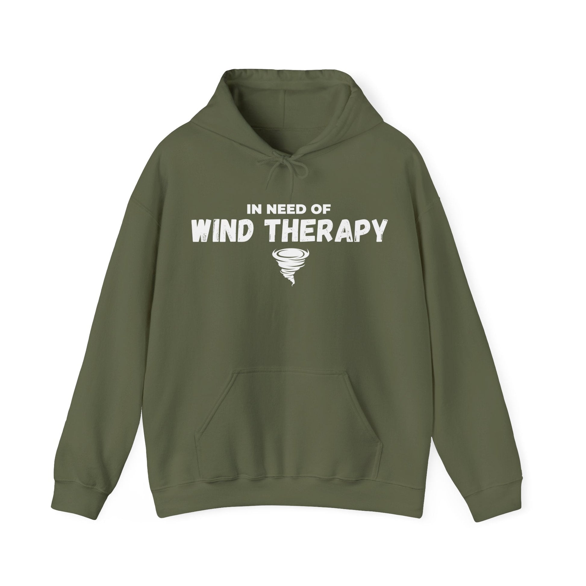 Storm Chaser Hooded Sweatshirt with "In Need of Wind Therapy" design, perfect for storm enthusiasts.