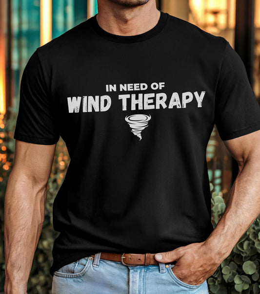 Storm Custom Chaser T-Shirt with "In Need of Wind Therapy" design, perfect for storm chasers and weather enthusiasts.