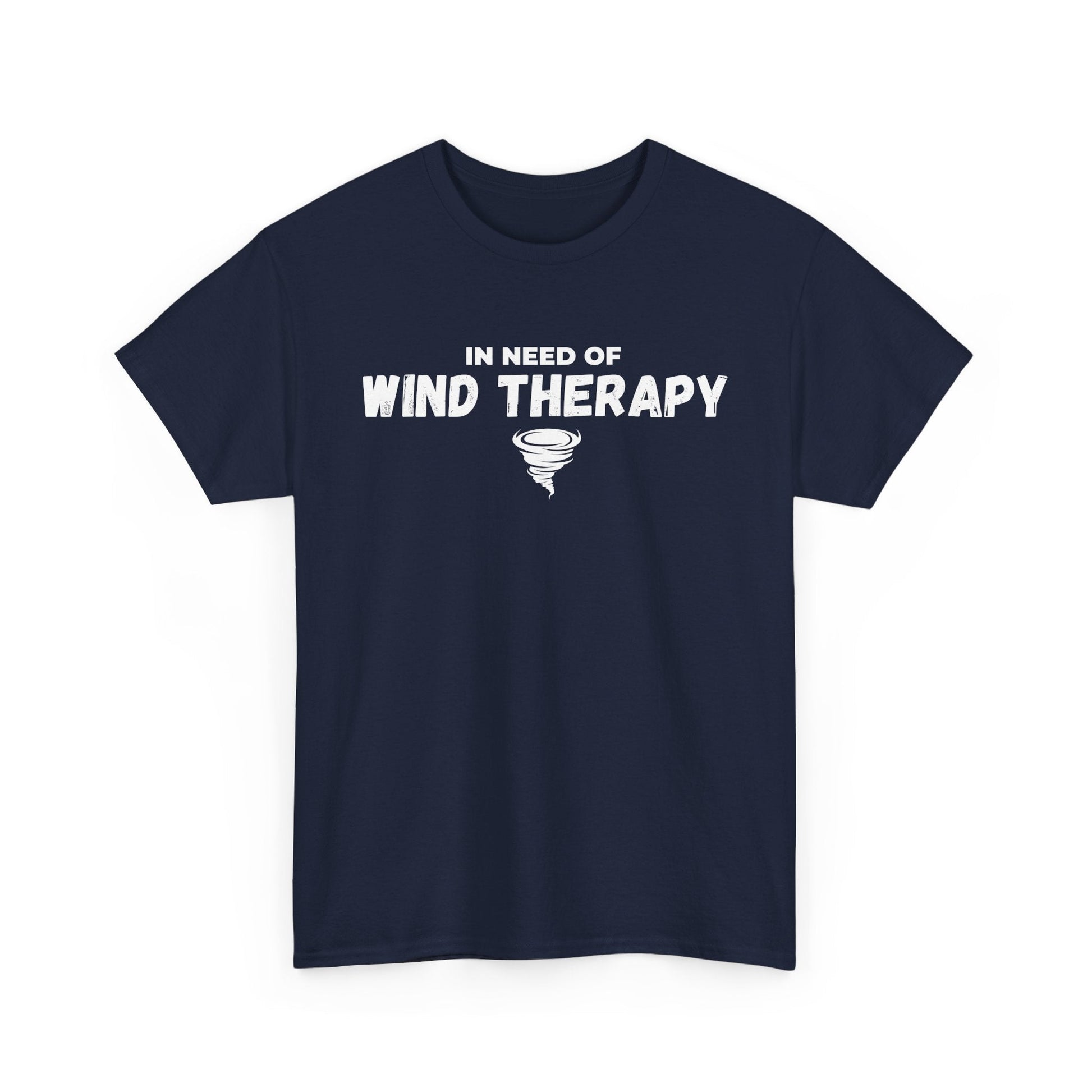Storm Custom Chaser T-Shirt with "In Need of Wind Therapy" quote, ideal for weather enthusiasts.
