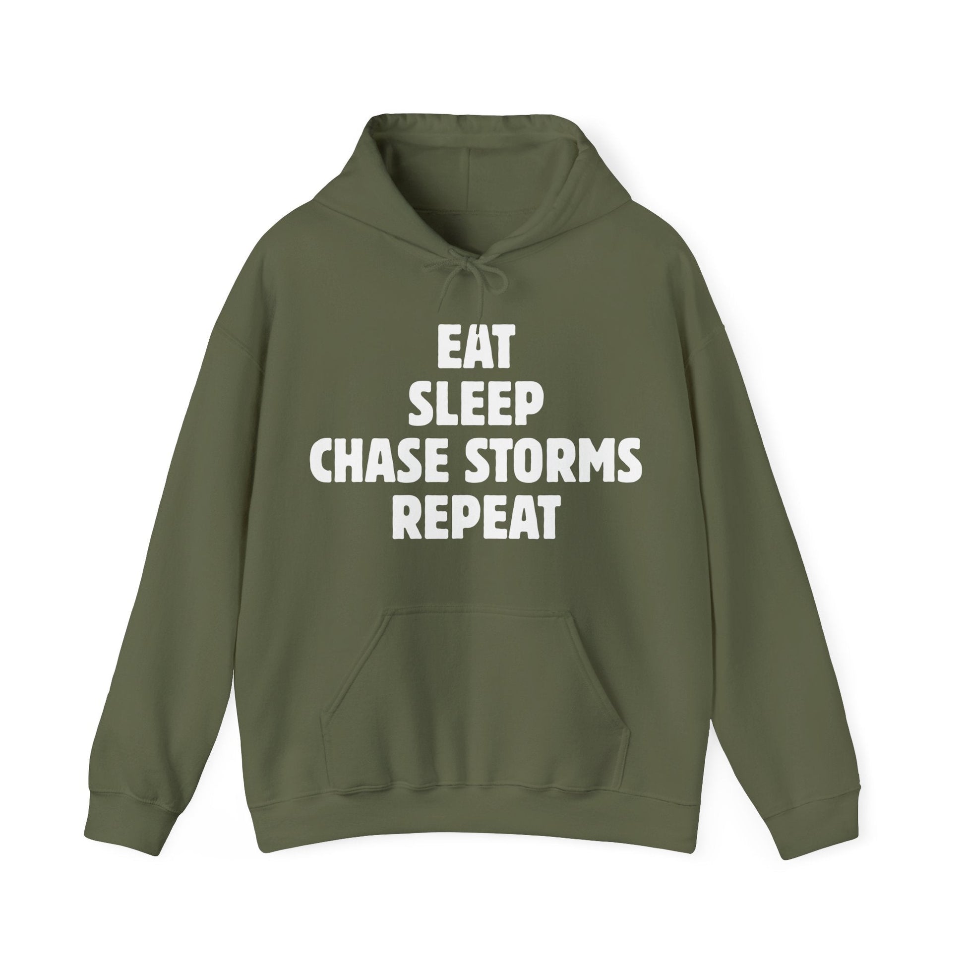 Green storm chaser hoodie with "Eat Sleep Chase Storms Repeat" text.