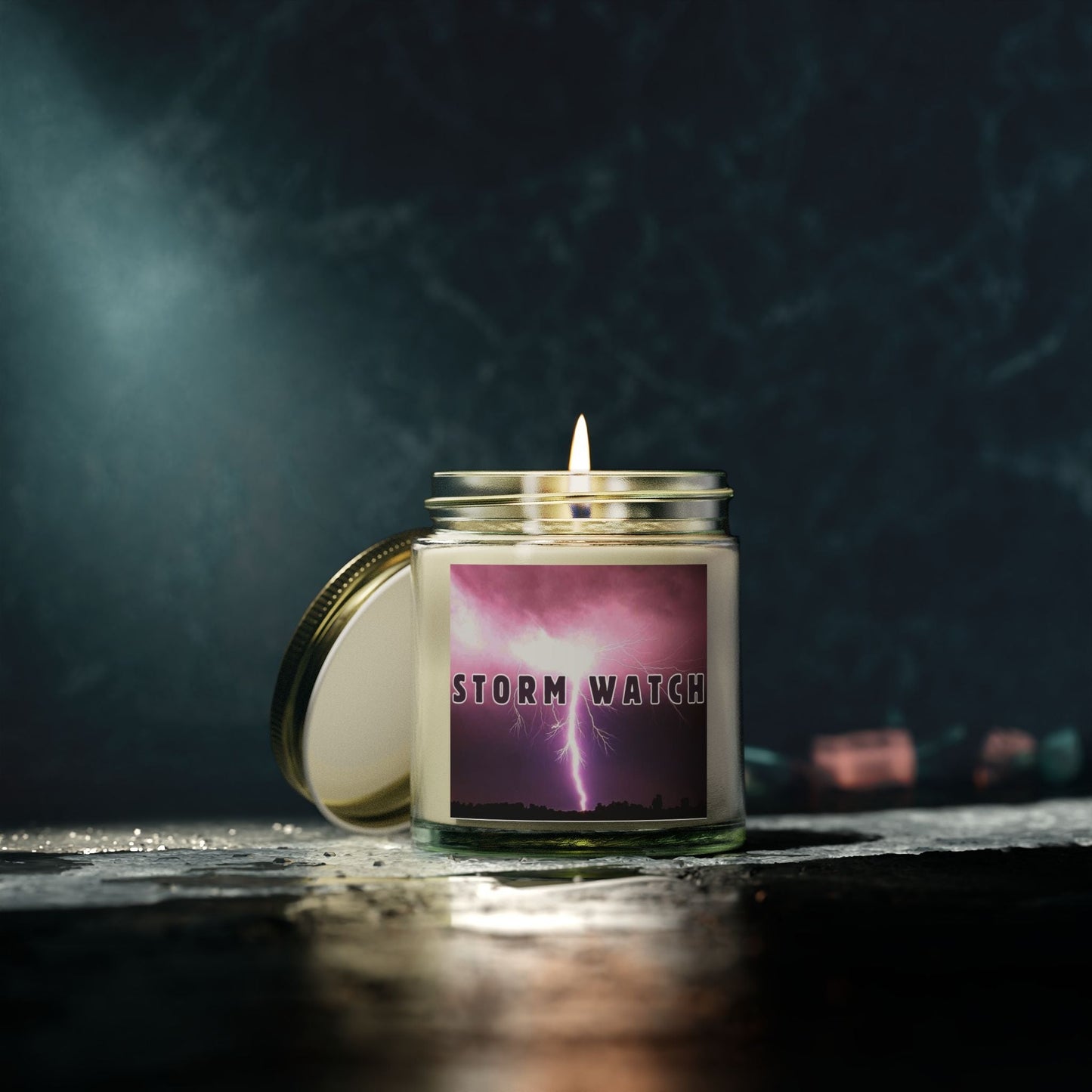 Storm Watch Scented Candle with Fraser Fir, Cinnamon Chai, and Cashmere Musk aromas in a reusable glass jar.