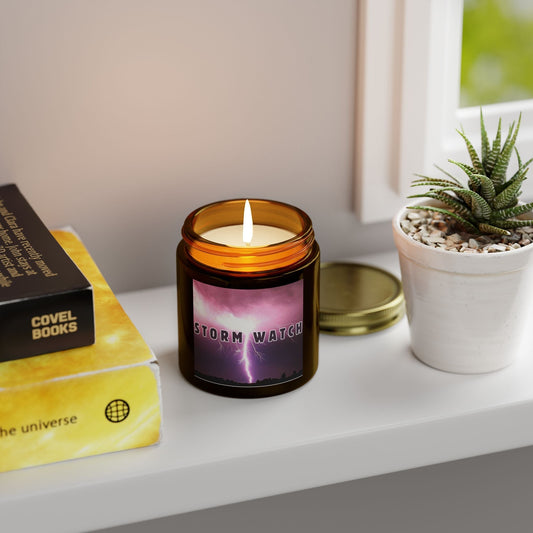 Storm Watch scented candle on a tabletop, offering cozy ambiance with natural fragrances, ideal for home décor and gifts.